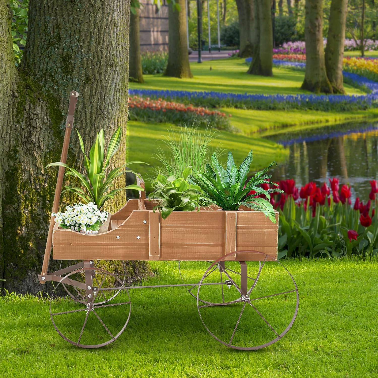 Brouette Décorative en Bois- 35×62,5×60cm- 2 Compartiments à Plantere-Jardinière Forme Brouette Chariot-Jusqu’à 15kg-Marron - 8