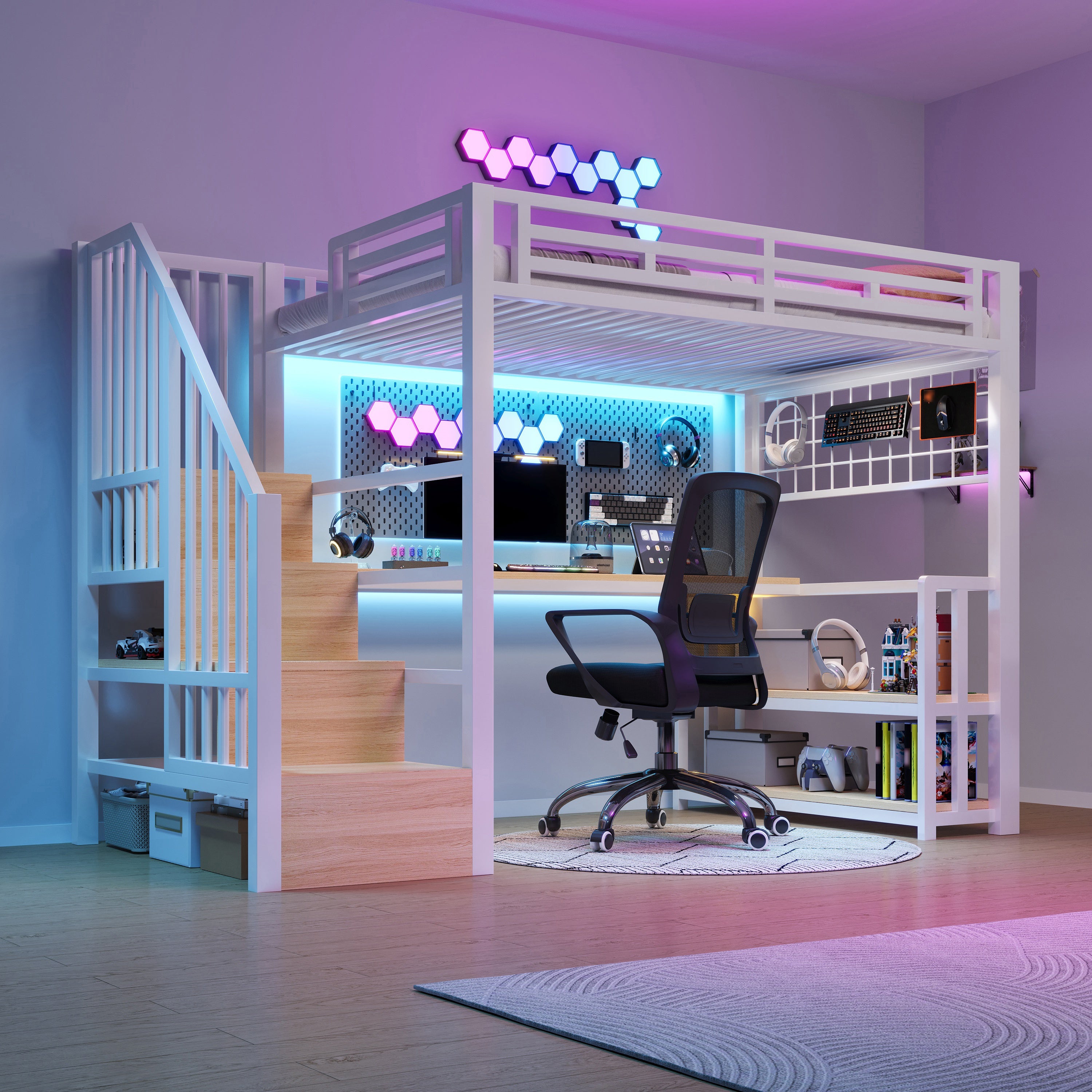 Łóżko piętrowe 90 x 200 cm z biurkiem i półką - Żelazna rama - Oświetlenie LED, 2 porty USB i 1 port typu C - Białe (materac nie jest wliczony w cenę)
