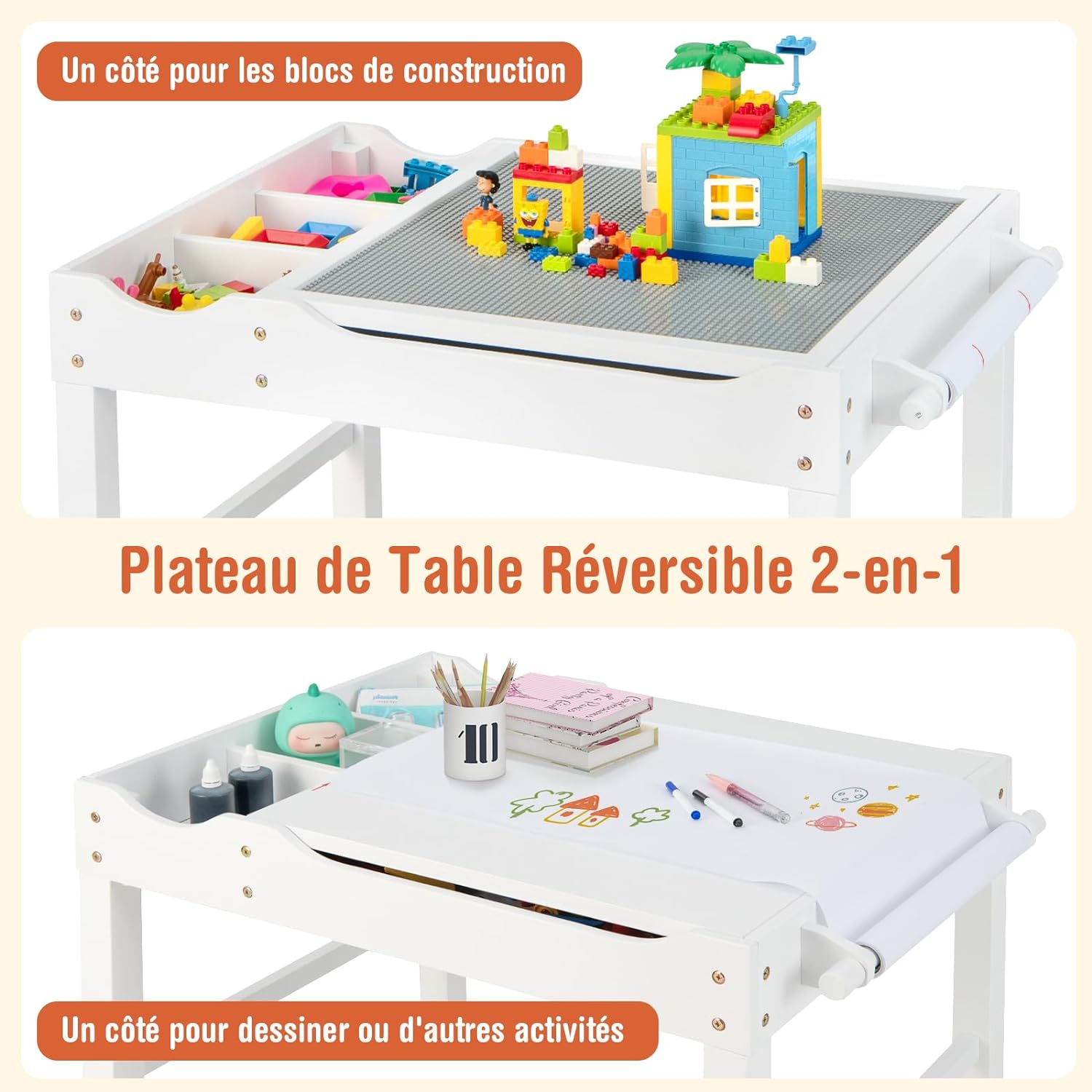 Tavolo da Gioco per Bambini in Legno con Piano Reversibile, Tavolo Multiattività Bambini 2 in 1, Porta Rotolo di Carta da Disegno, per Camera - 3