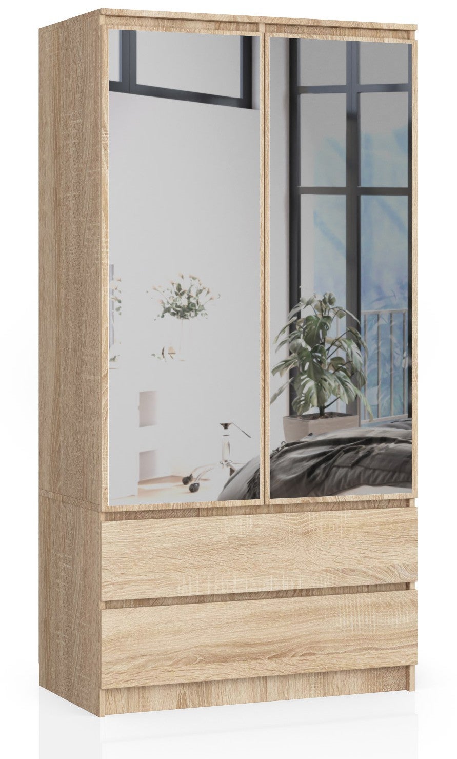 Szafa AKORD S90 Dąb Sonoma 90 cm z lustrem 2 drzwi 2 szuflady kolor Dąb Sonoma mat 4 półki 90x51x180 cm