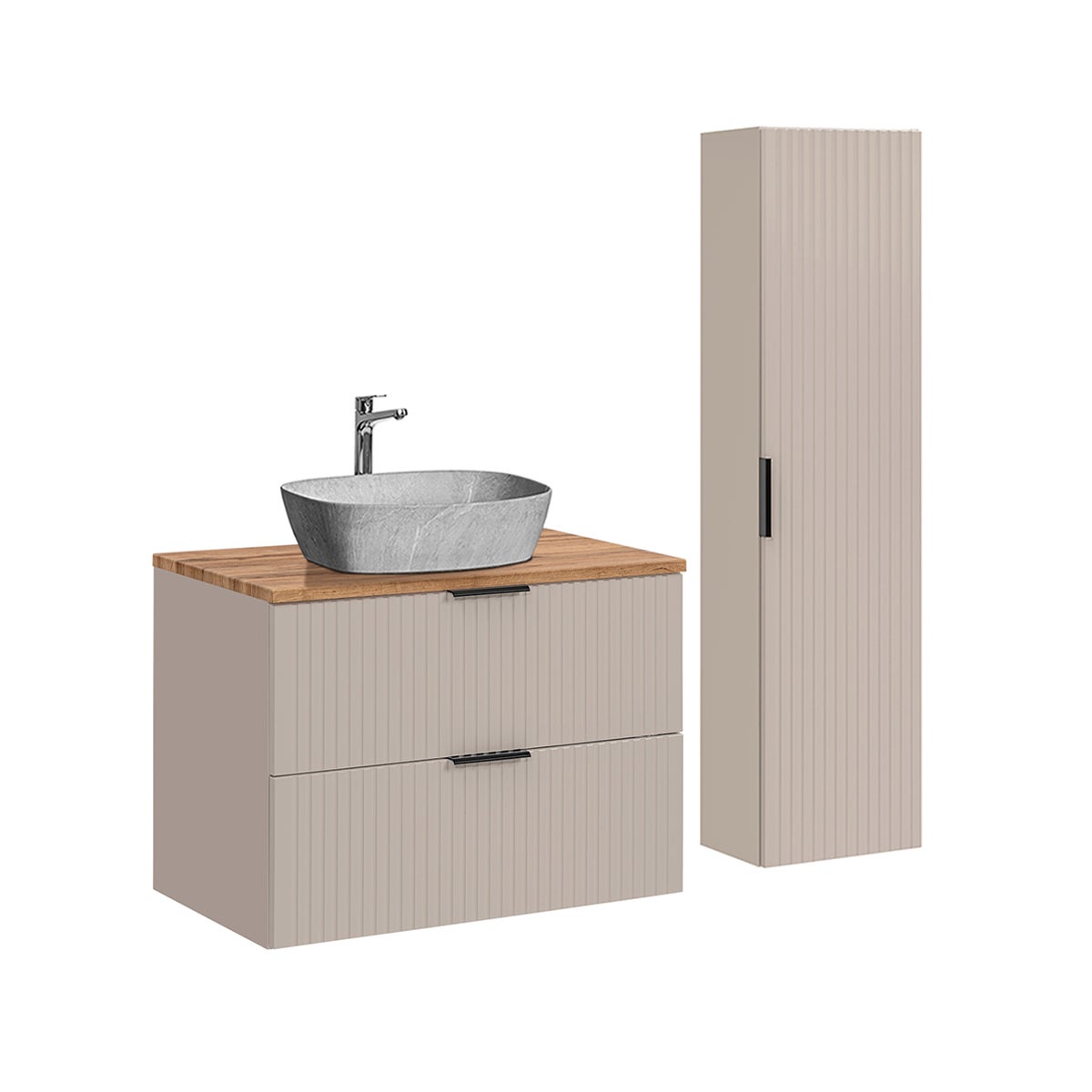 Conjunto de muebles con lavabo individual 80 cm y columna adriel cachemira madera y imitación piedra