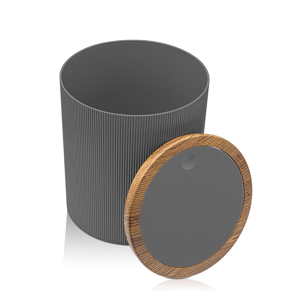 Poubelle 5lt Gris couvercle basculant détails effet bois Blob - 5