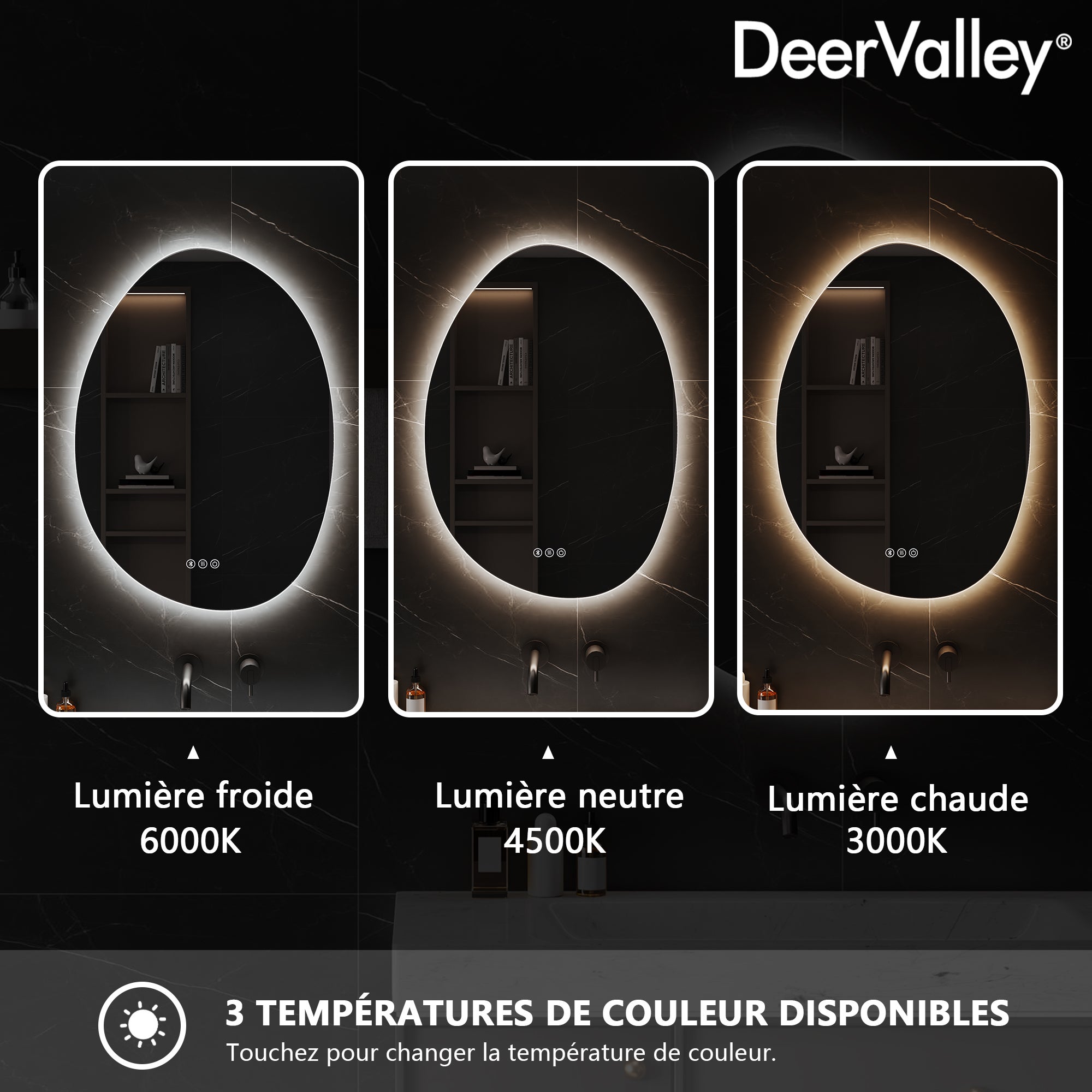 Miroir de Salle de Bain LED 50x70cm – Anti-buée, Bluetooth, 3 couleurs 3000K-6000K – Miroir lumineux salle de bain variateur & mémoire - 7