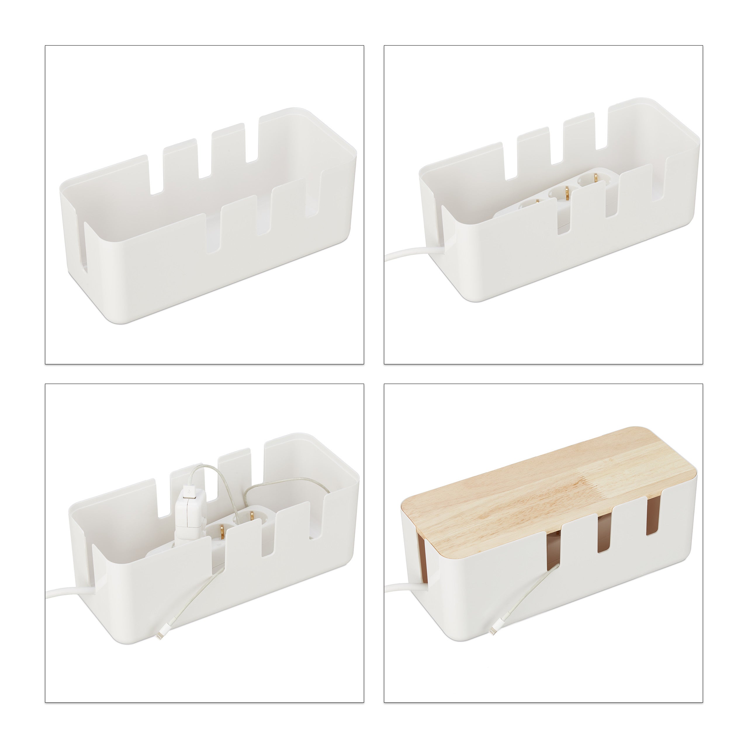 Boîte cache-câbles pour 2 multiprises, en plastique avec couvercle en bois, 11,5 x 30,5 x 12,5 cm, blanche, Relaxdays - 7