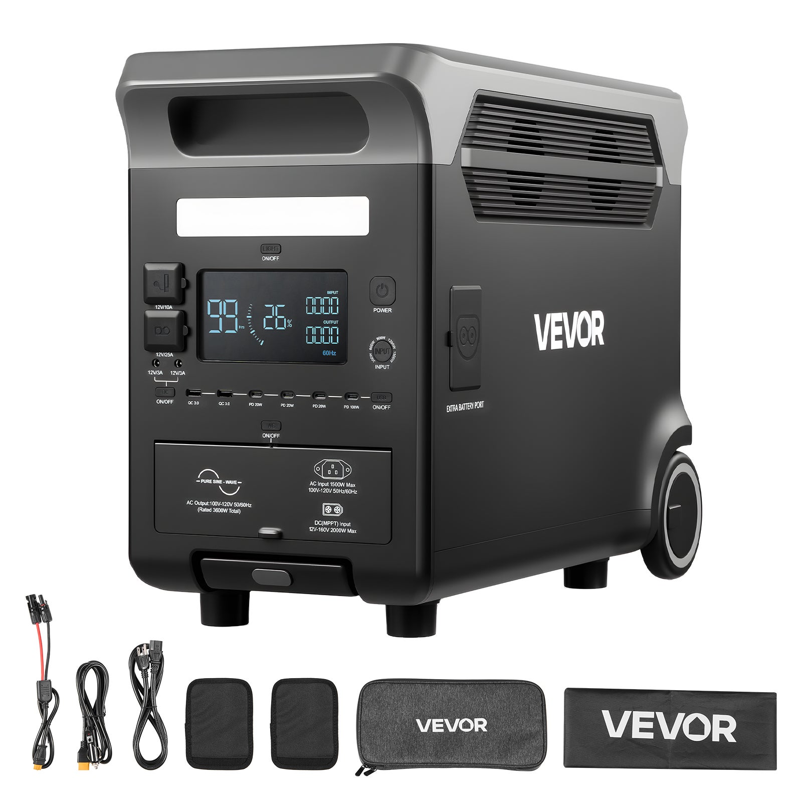 Przenośna stacja zasilania VEVOR 3600 W 3840 Wh LiFePO4 generator energii UPS szybkie ładowanie