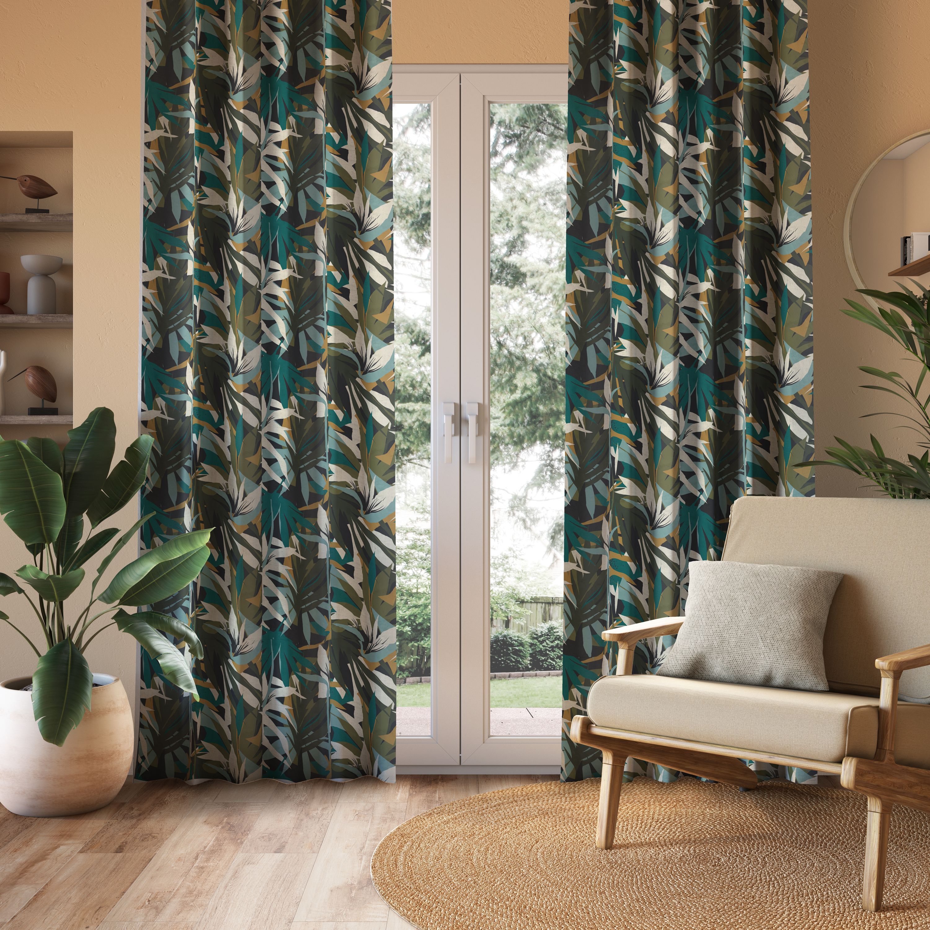 Zasłona zaciemniająca NAVIA - szer. 200 x wys. 280 cm - poliester - wzór liści w kolorze szarym, niebieskim i pomarańczowym - 3