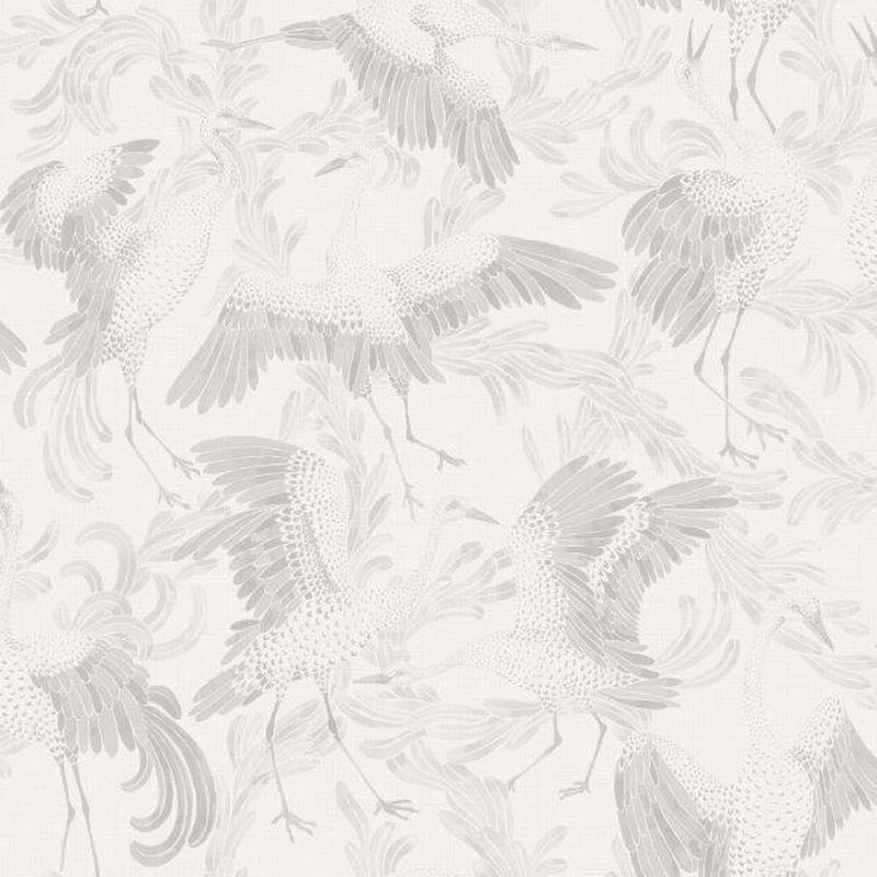 Papel pintado pájaros grulla blanco y gris claro - 53 cm x 10.05 m - borastapeter