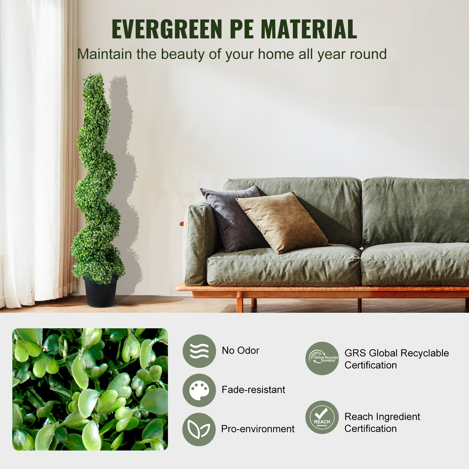 Buis Topiaire Artificiel VEVOR 122 cm Buis Artificiel Exterieur en Spirale 2 Fausses Plantes en PE 10 Feuilles Remplacables avec Pot Sans Odeur pour D - 3