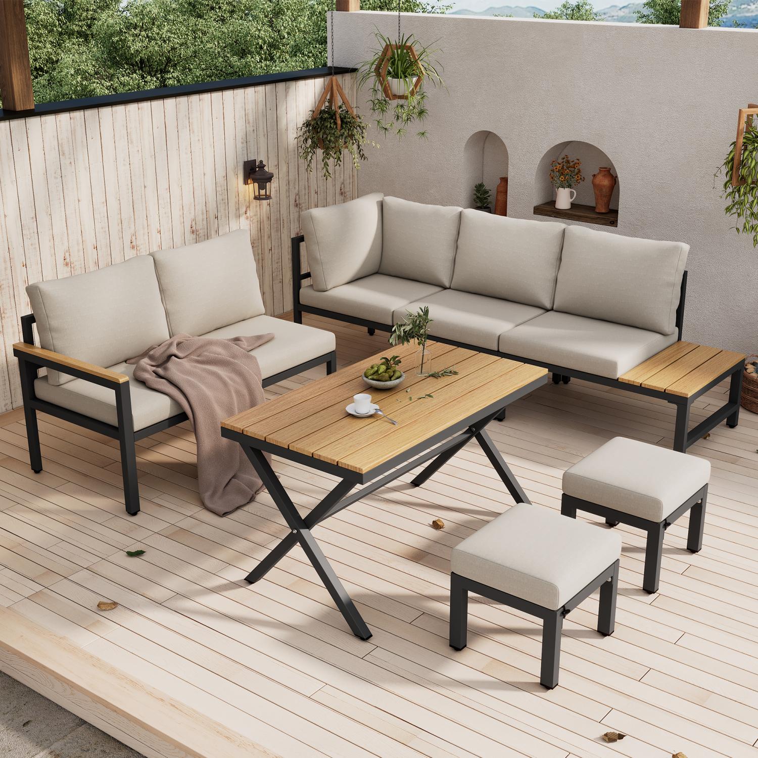 Ensemble de Salle à Manger de Jardin 4 Pièces avec Canapé d’Angle, Table et 2 Tabourets – Gris Beige - 2