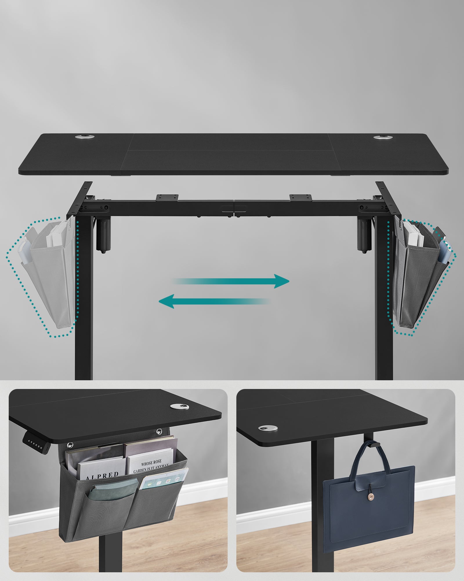 Bureau Électrique Assis-Debout, Bureau Réglable en Hauteur, 60 x 120 x (72-120) cm, 4 Hauteurs Mémorisables, Pochette de Rangement, Noir - 4