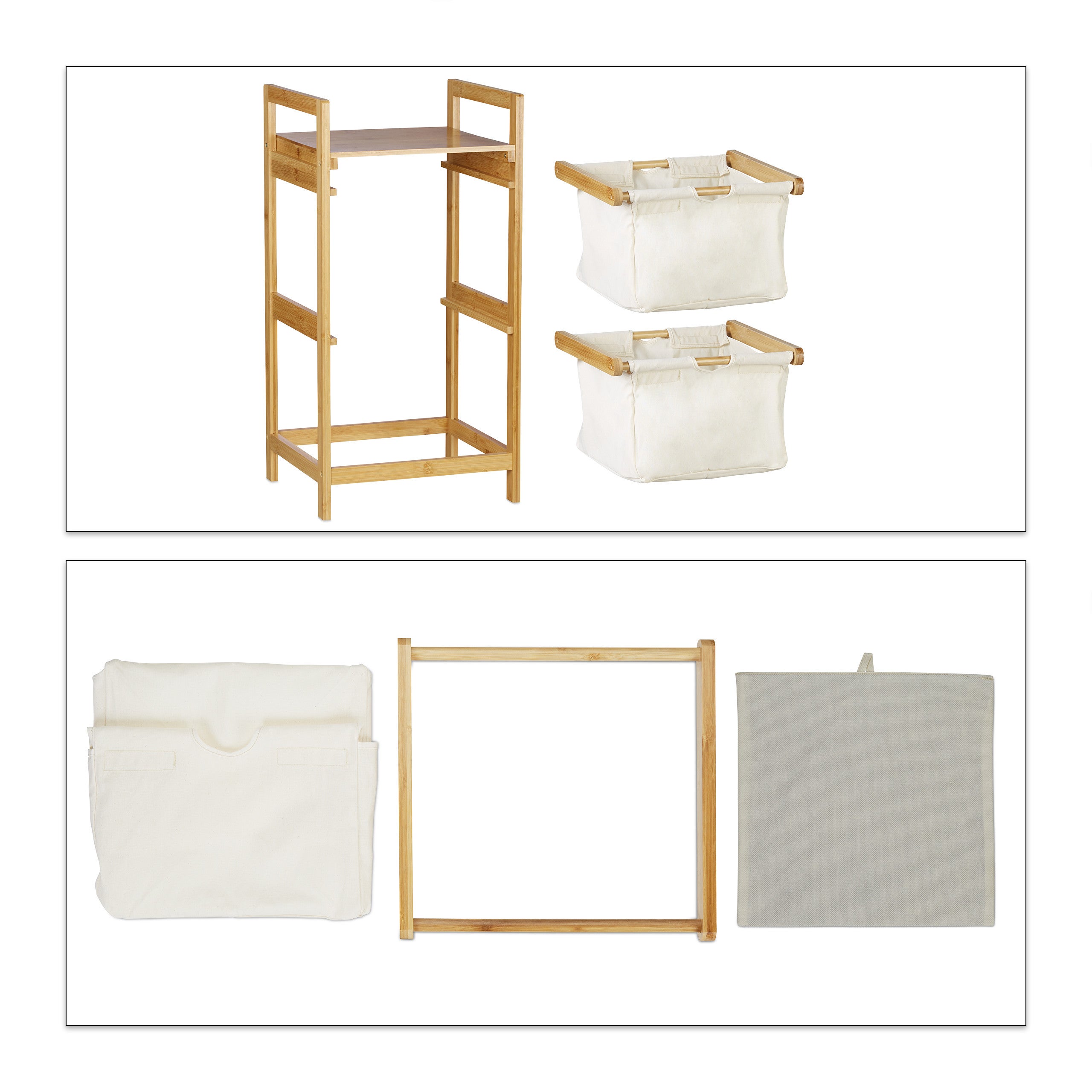 Panier à linge bambou, 2 sacs à linge, 25 L, 2 tiroirs, surface de rangement, coffre à linge, nature, Relaxdays - 6