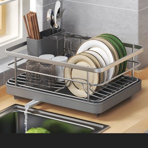 VNIMTI Scolapiatti In Acciaio Inox Nero 40x30cm - Girevole 360° Con Scolatoio E Portaposate