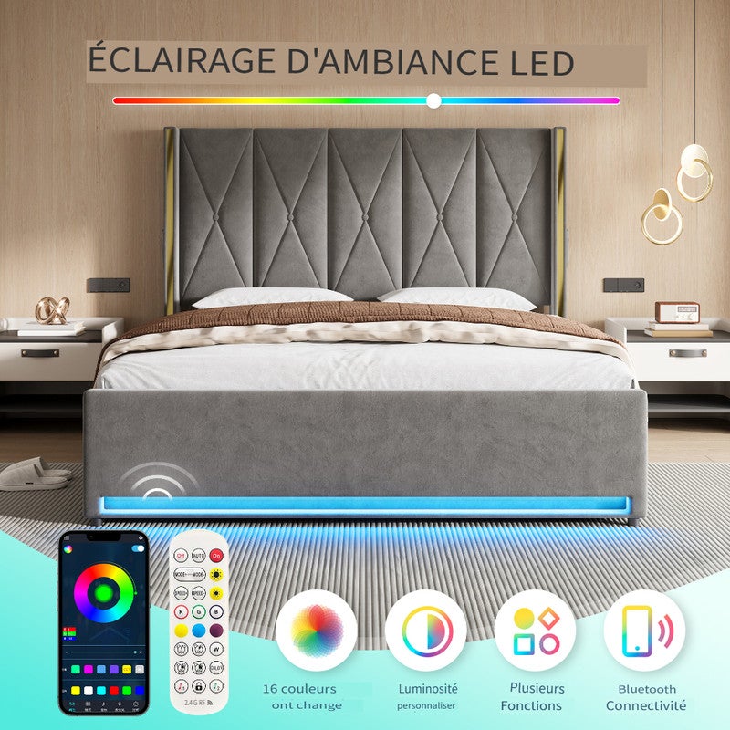 Lit 180x200 avec ports USB et éclairage LED,Lit double rembourré avec poches latérales,Lit coffre hydraulique,tissu velours,Gris foncé (Sans matelas) - 4
