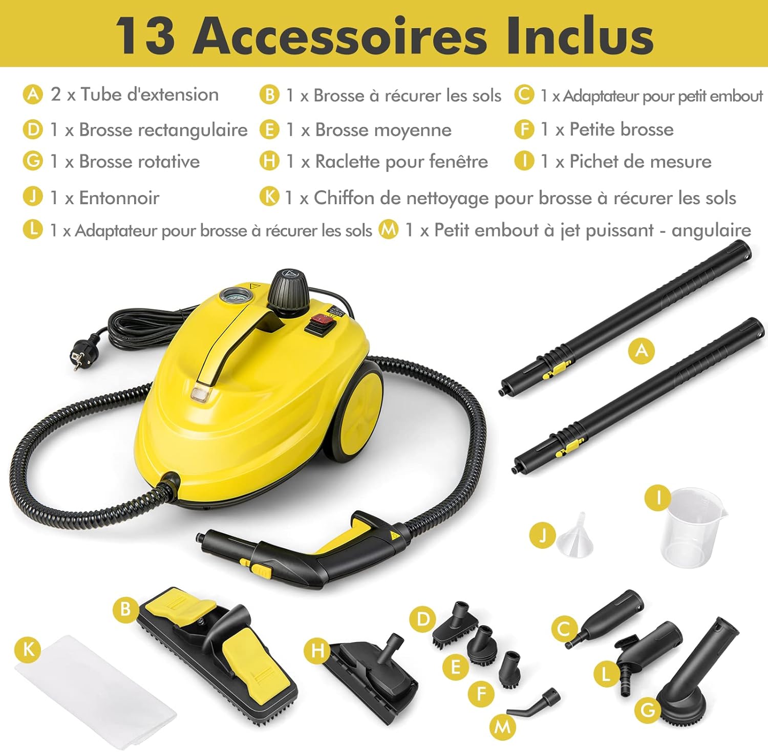 Versátil limpador a vapor de 2000 W, máquina de limpeza, limpador a vapor com reservatório de 1,8 L com 13 acessórios e manómetros, amarelo - 4