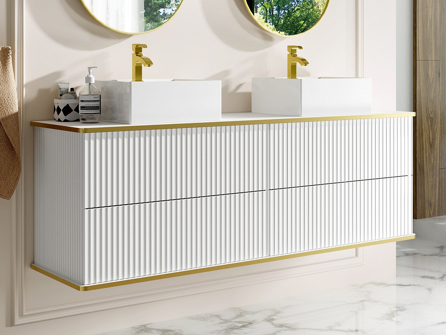 Szafka łazienkowa wisząca ryflowana ze złotą listwą i dwoma kwadratowymi umywalkami nablatowymi - Biały - 150 cm - KELIZA