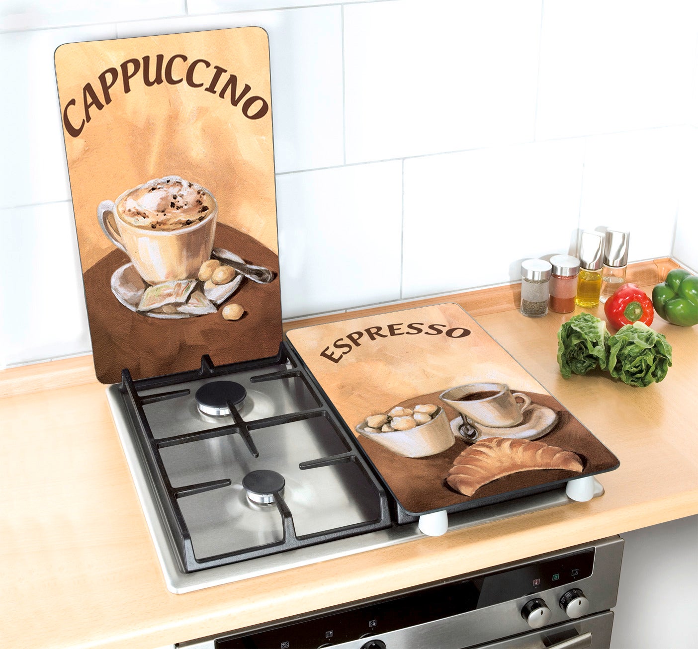 TMK - Copri piano cottura induzione, tagliere in vetro, 52 x 40 cm, piastra di taglio in vetro paraspruzzi, piastra di vetro universale, cucina decorazione, marrone legna