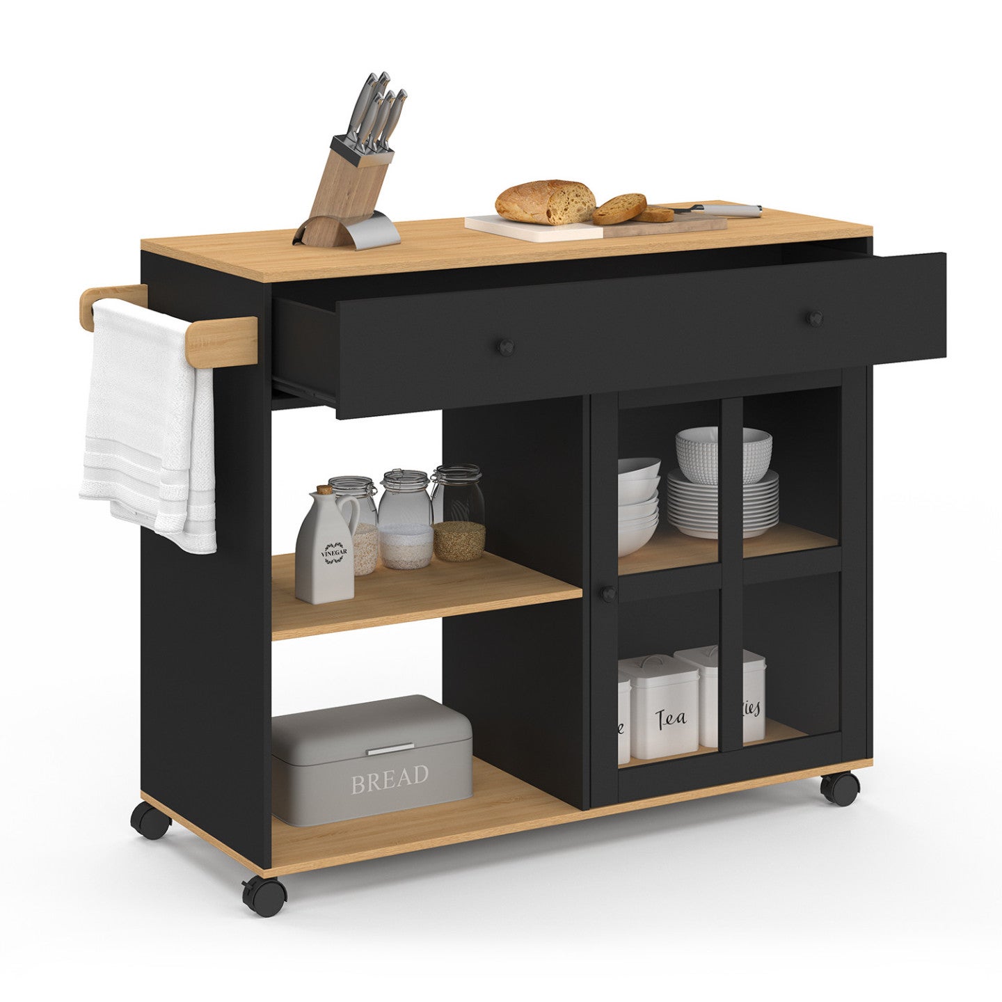 Desserte de cuisine ACHILLE XXL avec étagère et placard vitré bois et noir L. 100 CM - 4