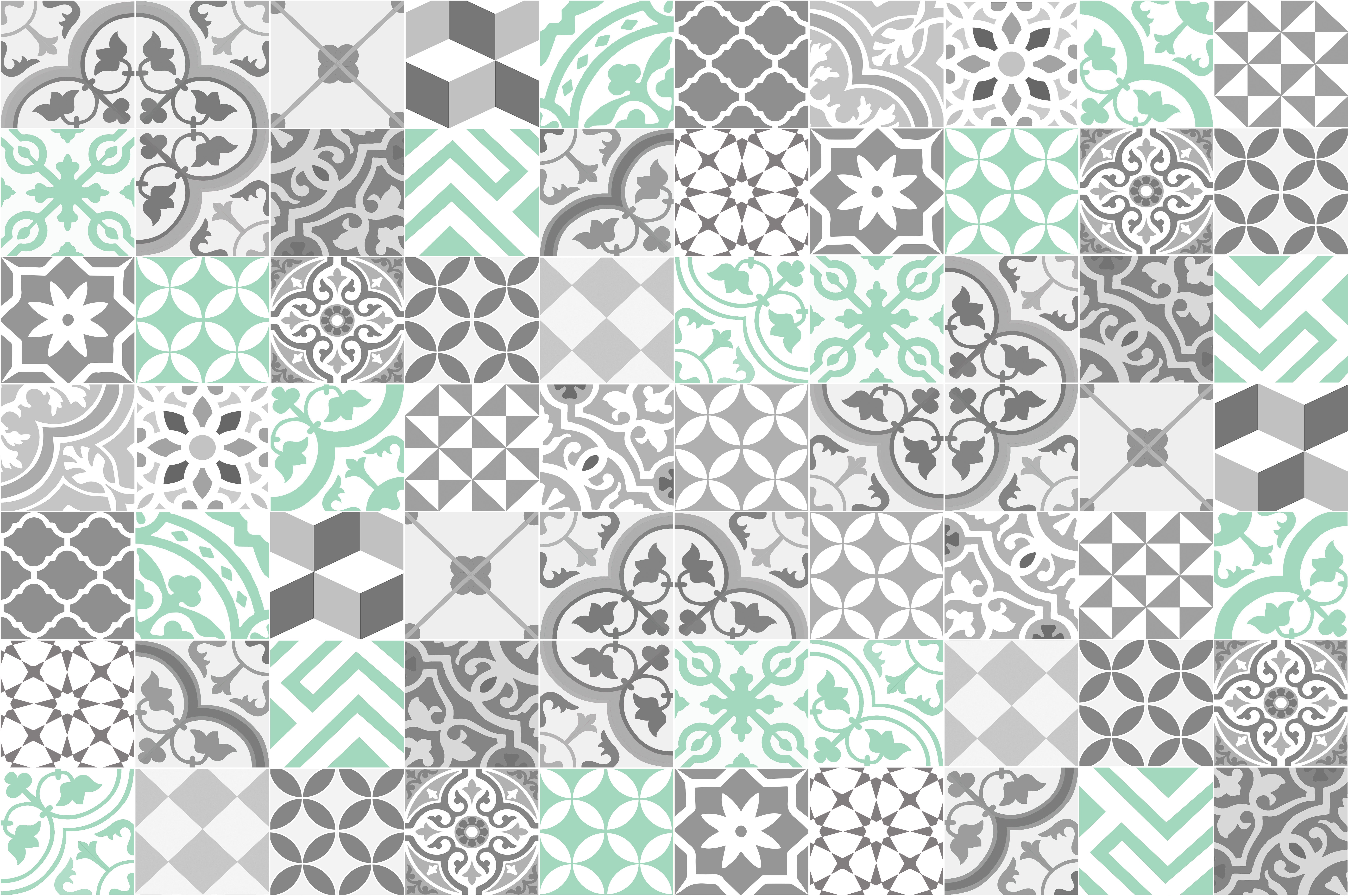 Alfombra de vinilo collage con menta 133x200 cm - pvc antideslizante, vinilica para cocina o salón, lavable, estilo hidraúlico