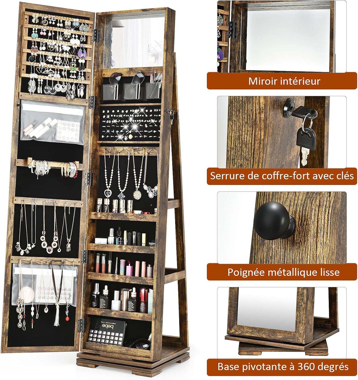 Armoire à Bijoux Pivotante à 360 Degrés sur Pieds,avec Grand Miroir Psyché et Etagère de Rangement à L’Arrière (Vintage) - 9