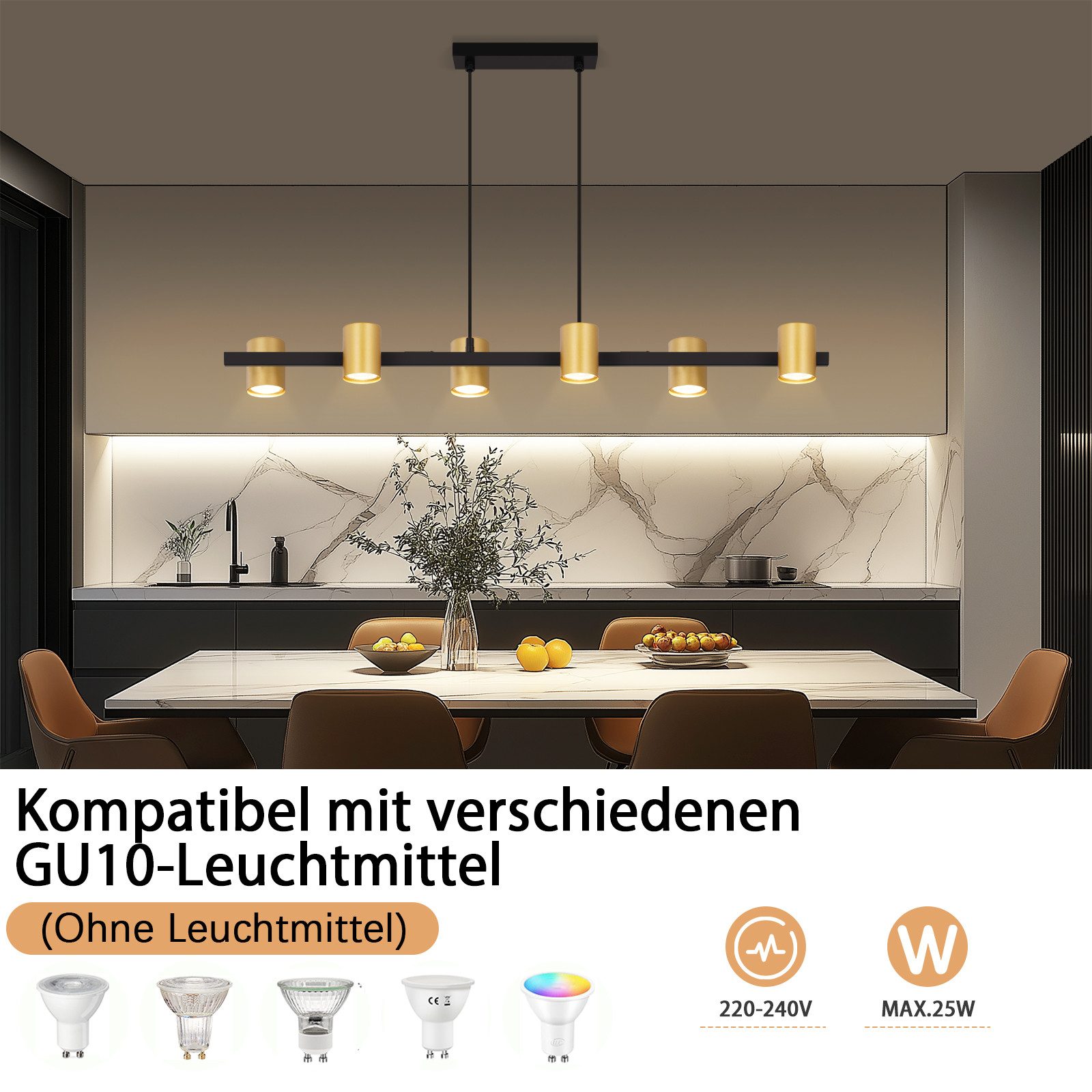 NETTLIFE Candeeiro suspenso, Suspensão mesa de jantar candeeiro suspenso com 6 luzesâmpadas pretas GU10 metal industrial, 25 W, 2,5 cm - 2