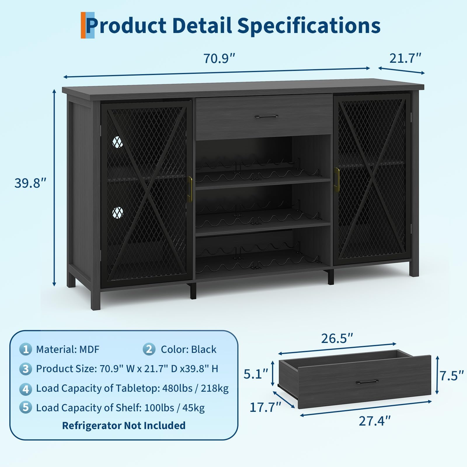 Buffet bar café 180 cm avec mini frigo, rangement 24 bouteilles, tiroir ...
