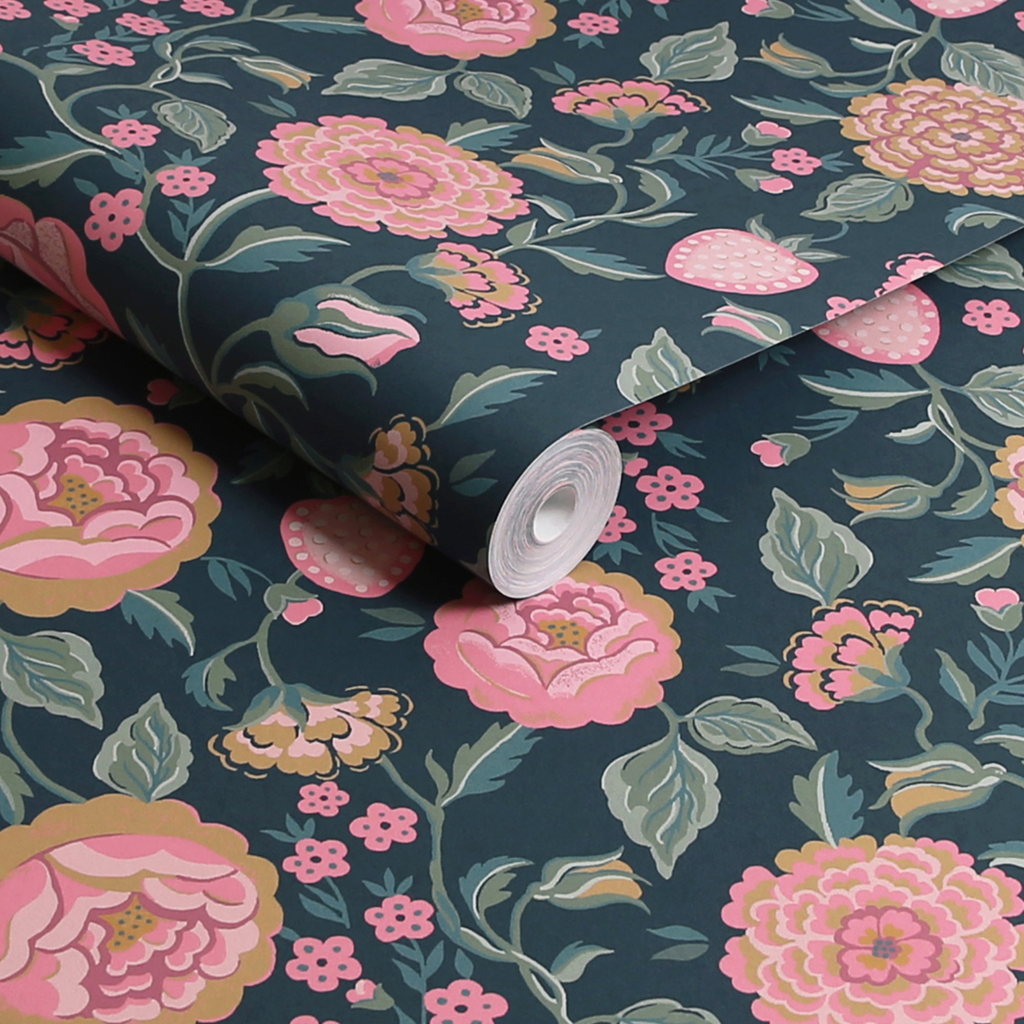 Cath Kidston Tapeta filzelinowa STRAWBERRY GARDEN niebieski 10 m x 52 cm