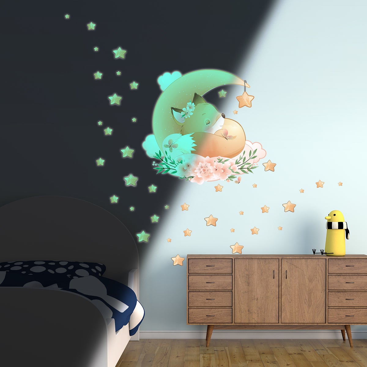 Adesivos fosforescente volpe tra le stelle + 40 stelle - Sticker adesivo - adesivi murali - 50x55cm - 3