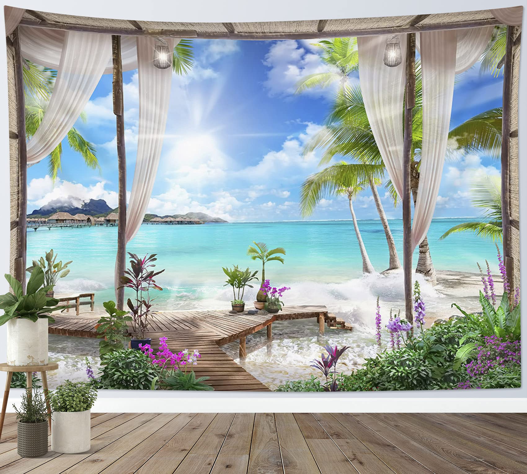 Gobelin ścienny 200x150 cm, ocean turkusowy, gobelin, plaża, koc, krajobraz, tropikalna wyspa, dekoracja balkonu, salonu, sypialni, akademika
