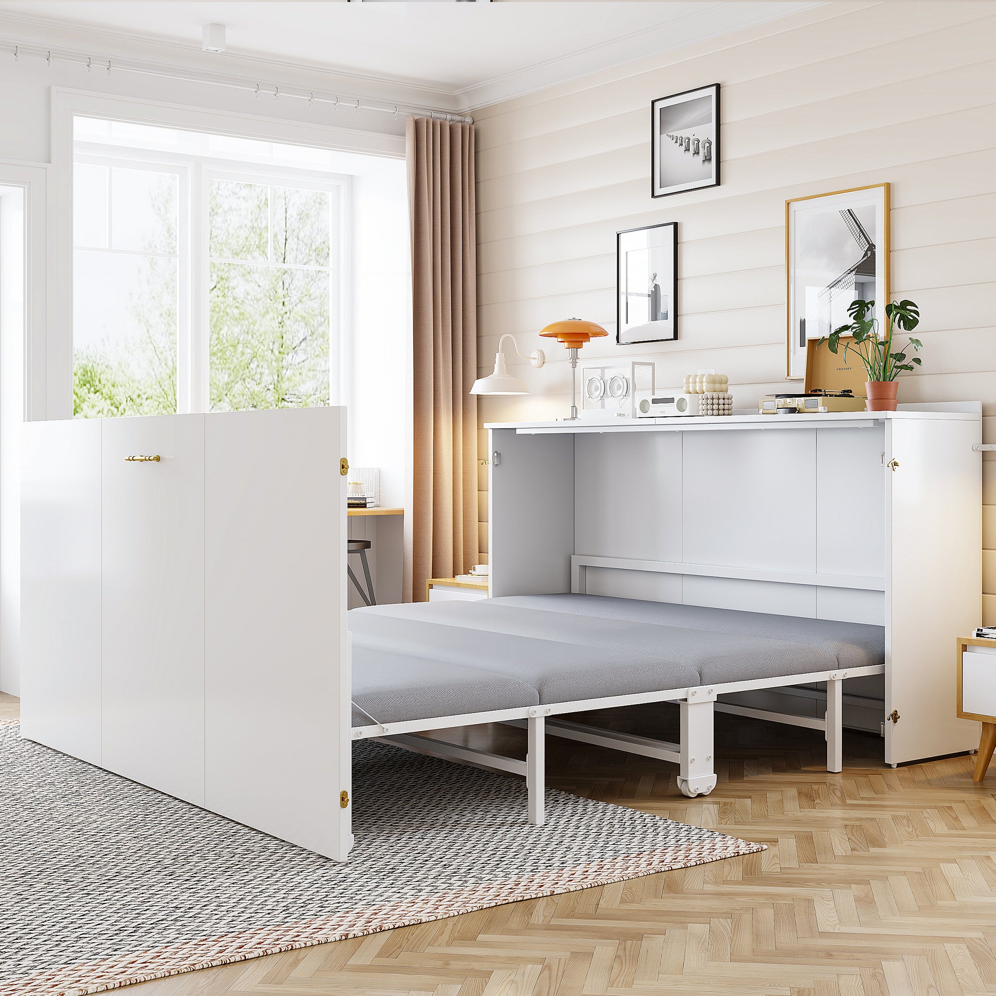 Łóżko chowane w ścianie 140 x 200 cm z materacem lnianym – Metal i drewno – Oszczędność miejsca dzięki składanemu systemowi z cichymi kółkami – Białe - 3