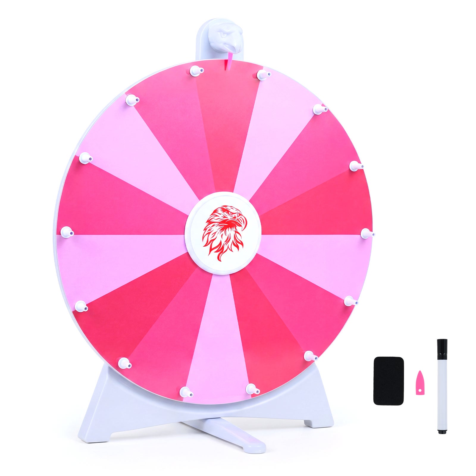 Roata norocului de 50 cm cu motiv de vultur, 14 casete personalizabile, suprafață acrilică ștergibilă, dublă utilizare, rotație fluidă, roz