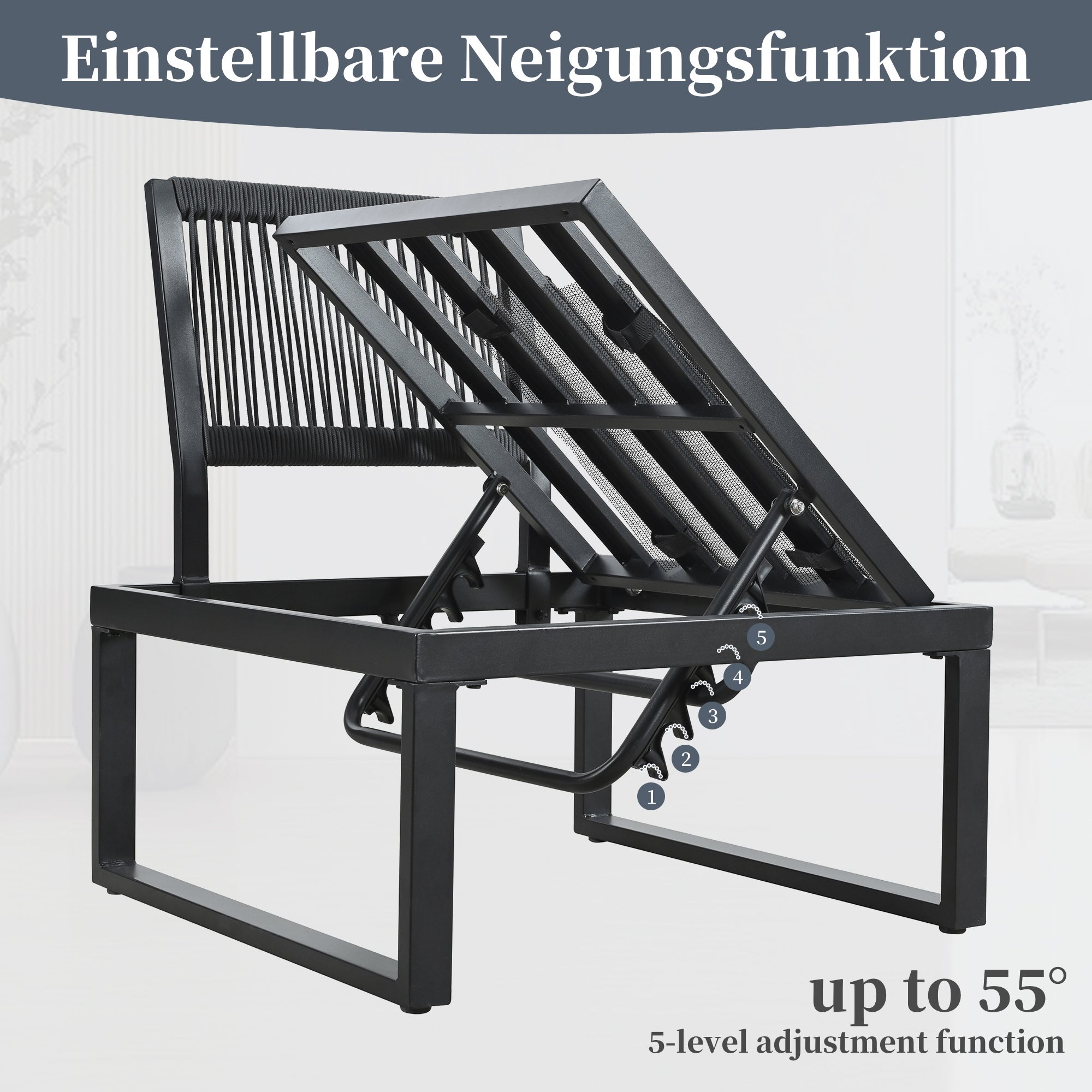 Ensemble de mobilier de jardin convertible en 2 lits de jardin inclinables, position d'angle, avec fonction d'inclinaison réglable (5 positions - 7