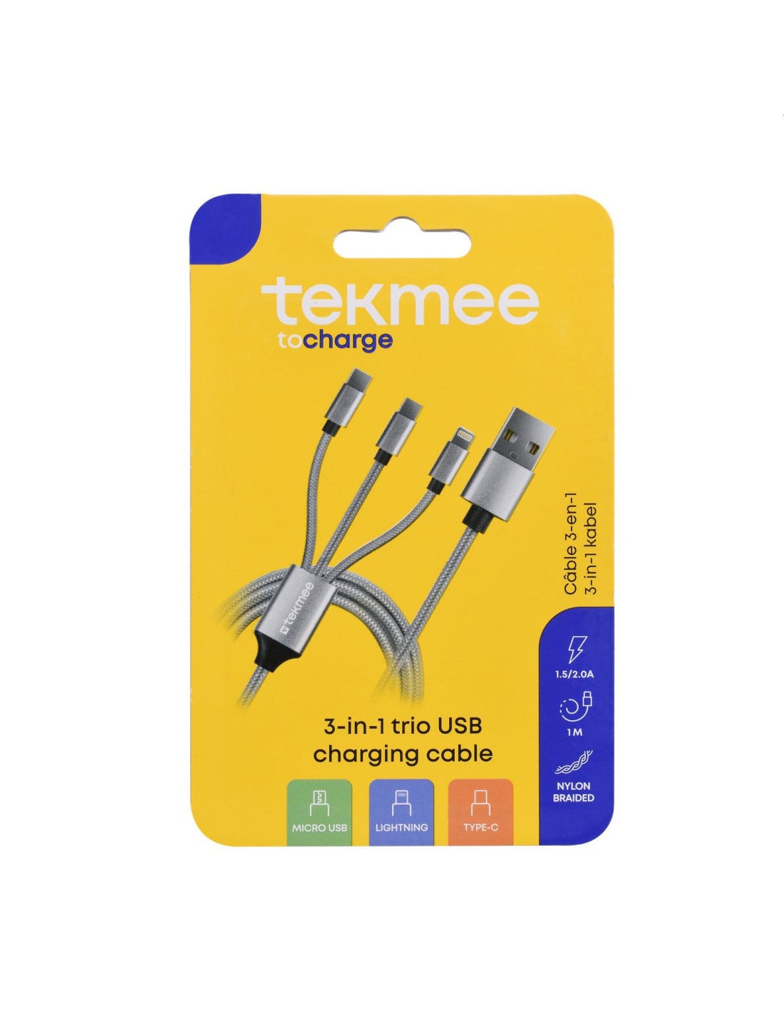 CABLE USB 1M +3 EMBOUTS (TYPE C + Micro USB + IPHONE) | Leroy Merlin