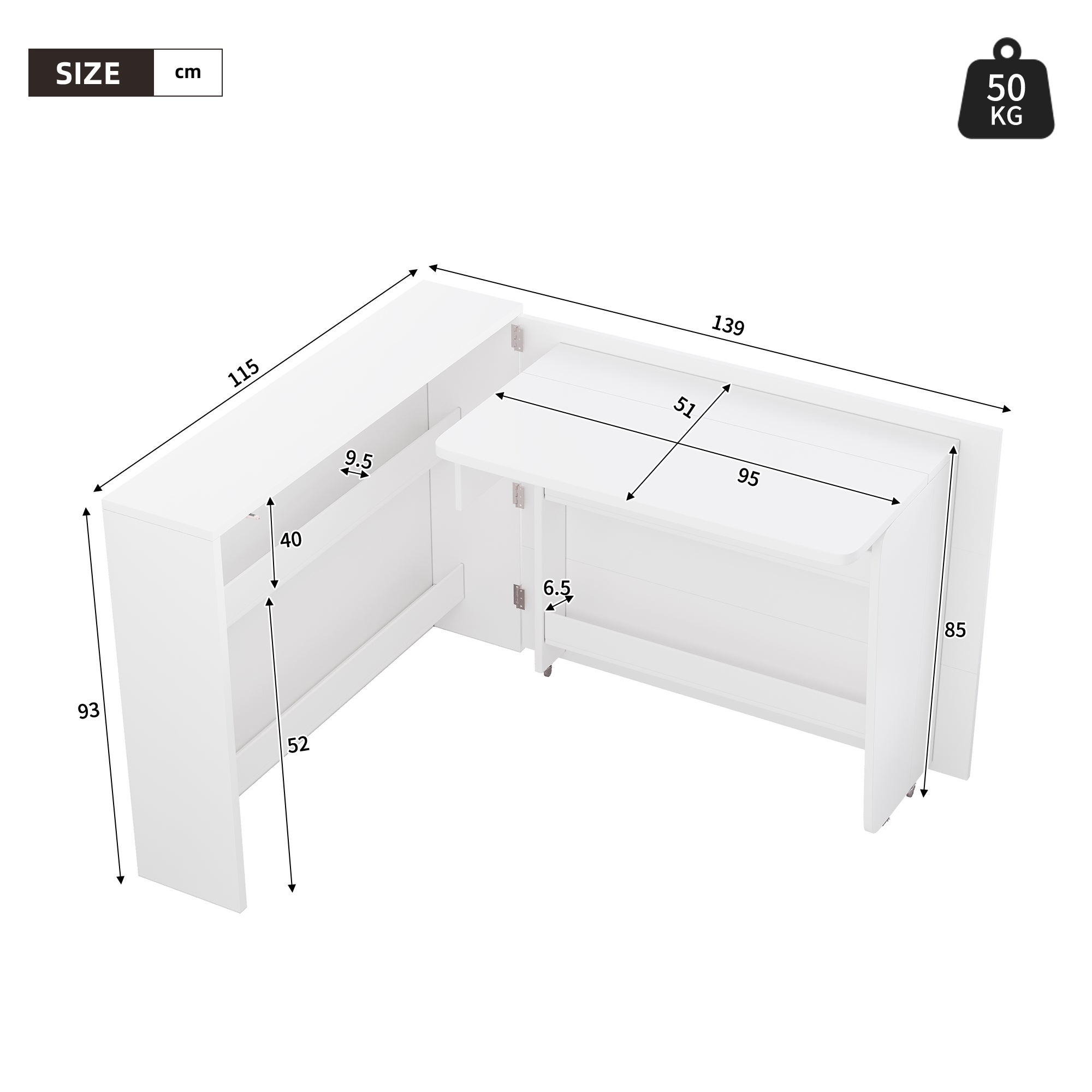 Bureau pliable 115x27x93 cm - avec fonction de charge sans fil - avec étagères et roulettes - Finition haute brillance - Blanc - 4