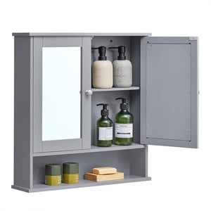 Armoire Murale, 2 Portes-miroir et Compartiment Ouvert, Étagère Réglable, 13 x 56,5 x 58,5 cm, Gris Tourterelle