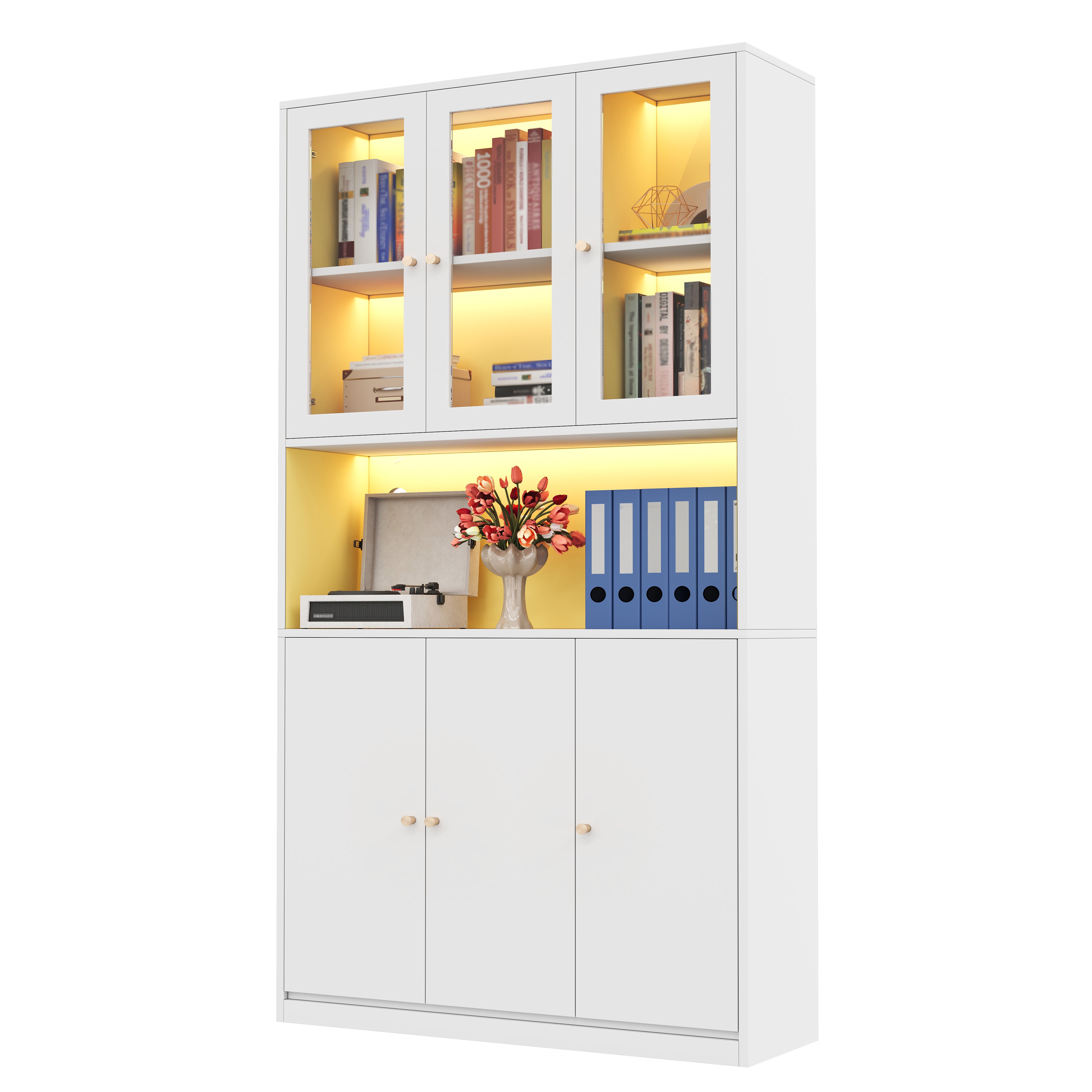 Bibliothèque LED 100×35×200 cm avec 6 portes de rangement Vitrine de salon avec compartiment ouvert MDF Blanc - 7