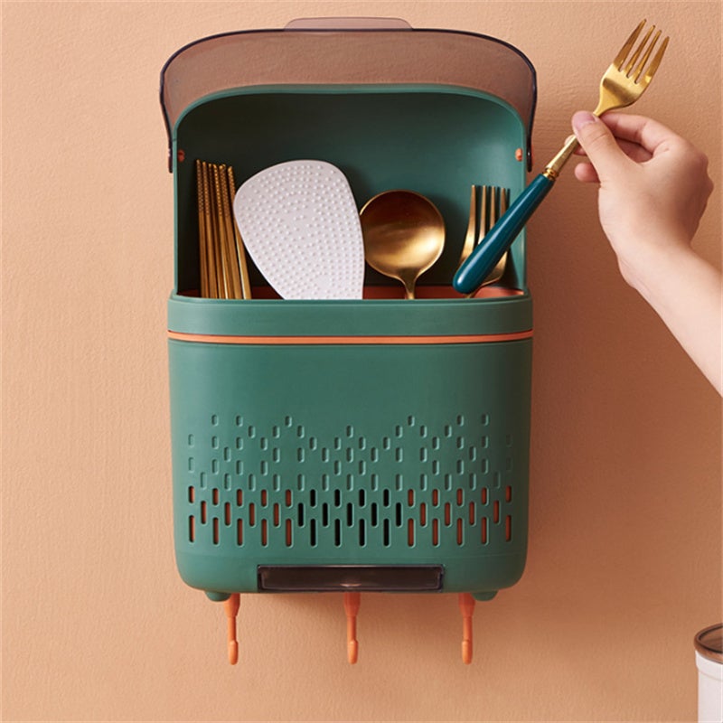 Support mural pour ustensiles de cuisine sans perçage 19×8,5×30 cm blanc avec drainage – Organisateur pratique pour couverts, fourchettes et cuillères - 5
