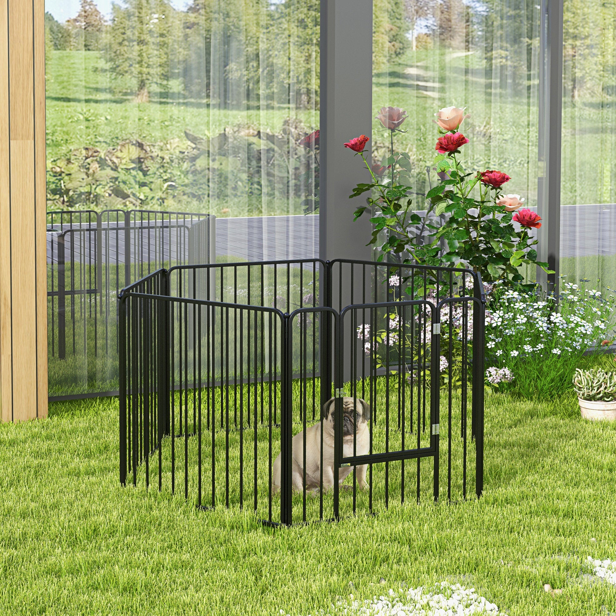 PawHut Recinto per Cani a 6 Pannelli Modulabili da Interno ed Esterno, in Acciaio con 7 Picchetti, 164x83x80 cm, Nero - 2