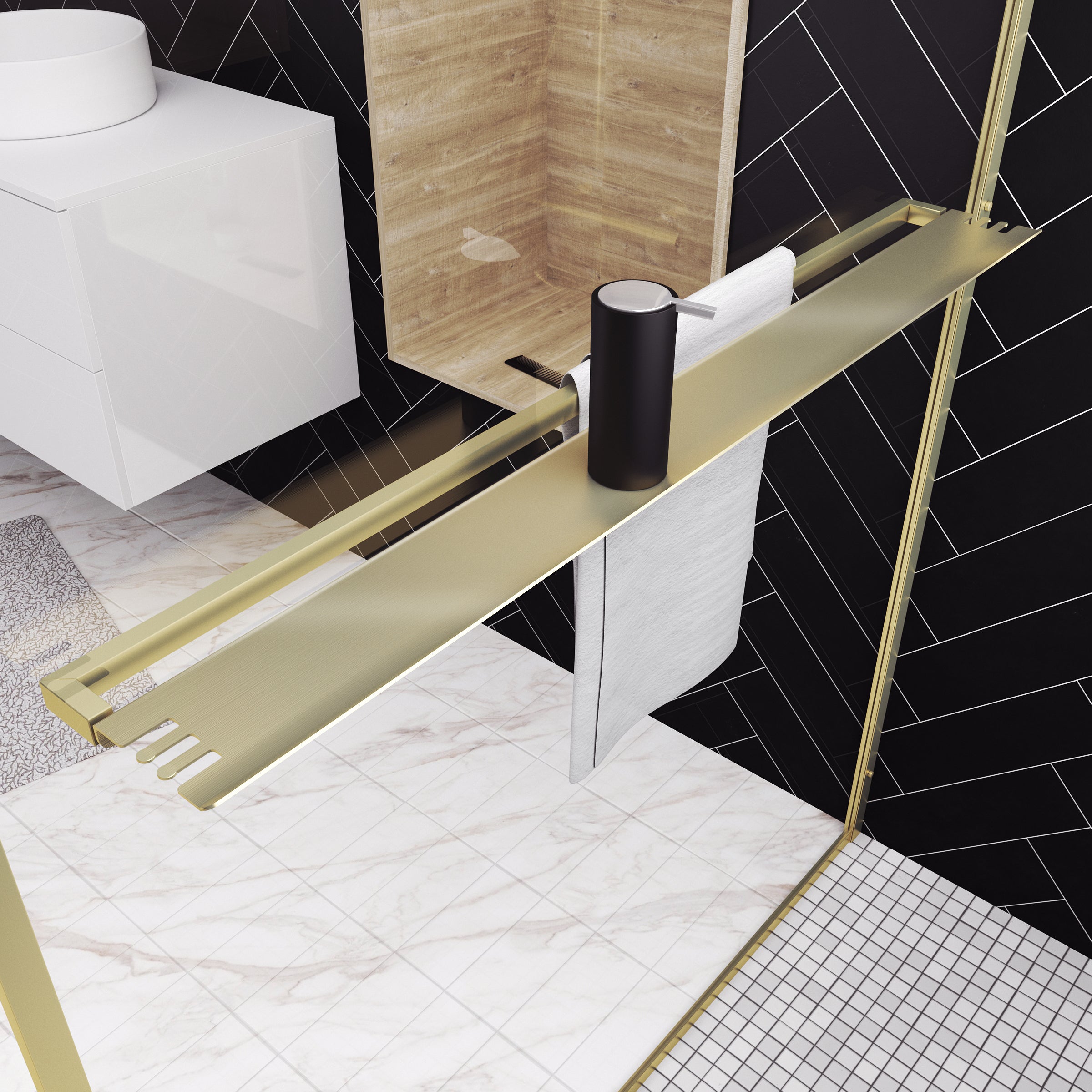 Paroi de Douche Or Doré Brossé 120x200cm - Porte-Serviette et Etagère - 6