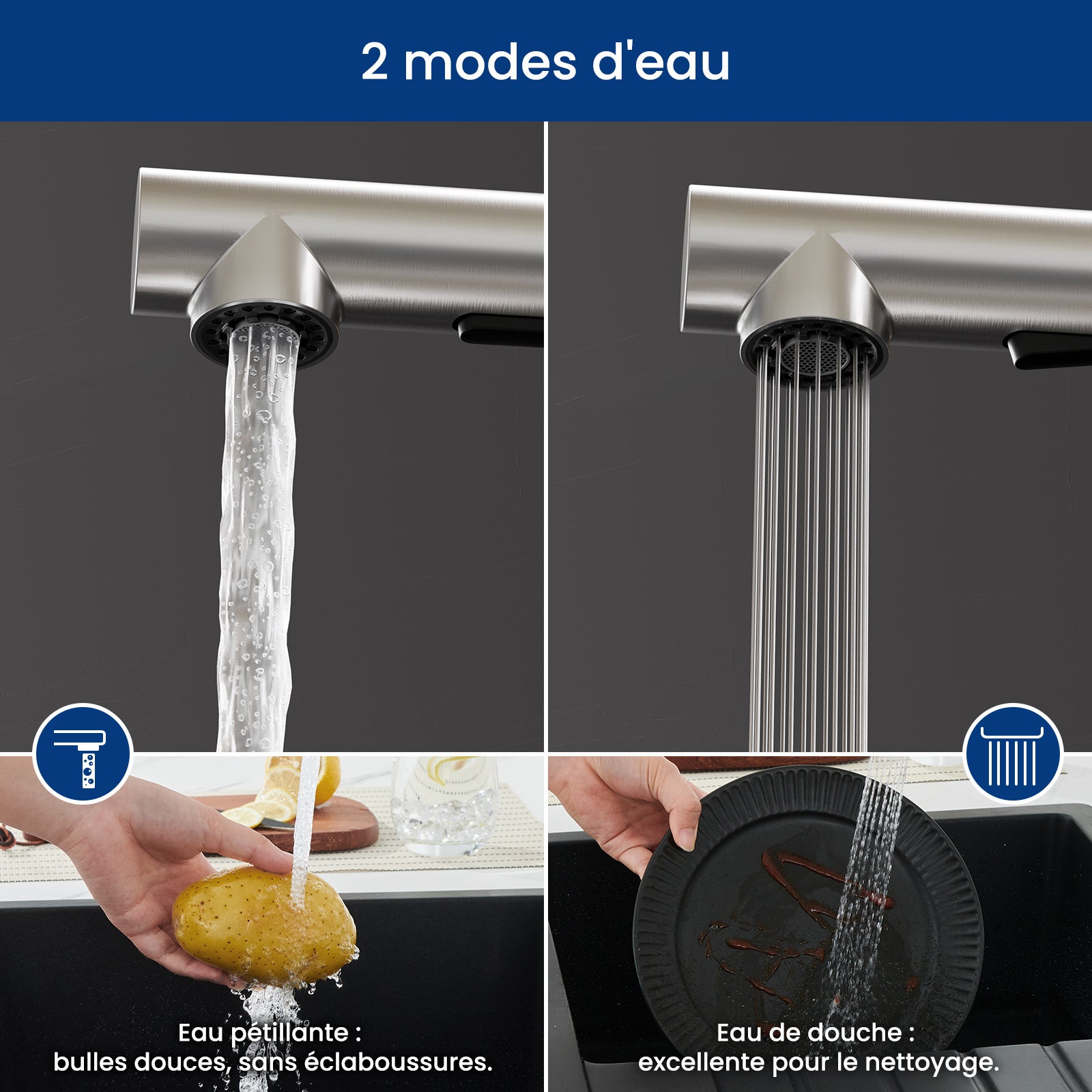 Cecipa Max Mitigeur Cuisine Brossé avec Douchette Robinet Douchette d'évier Extractible à Deux Jets Mitigeur Evier avec Barboteur Démotable,EU Modèle - 3