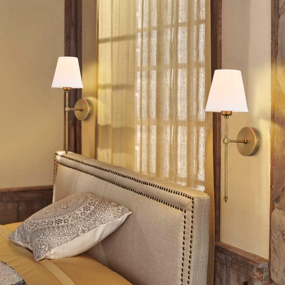 Applique murale Bsmathom lot de 2 classique laiton brossé raccordement fixe salle de bain chambre salon couloir cuisine abat jour tissu couleur or - 8