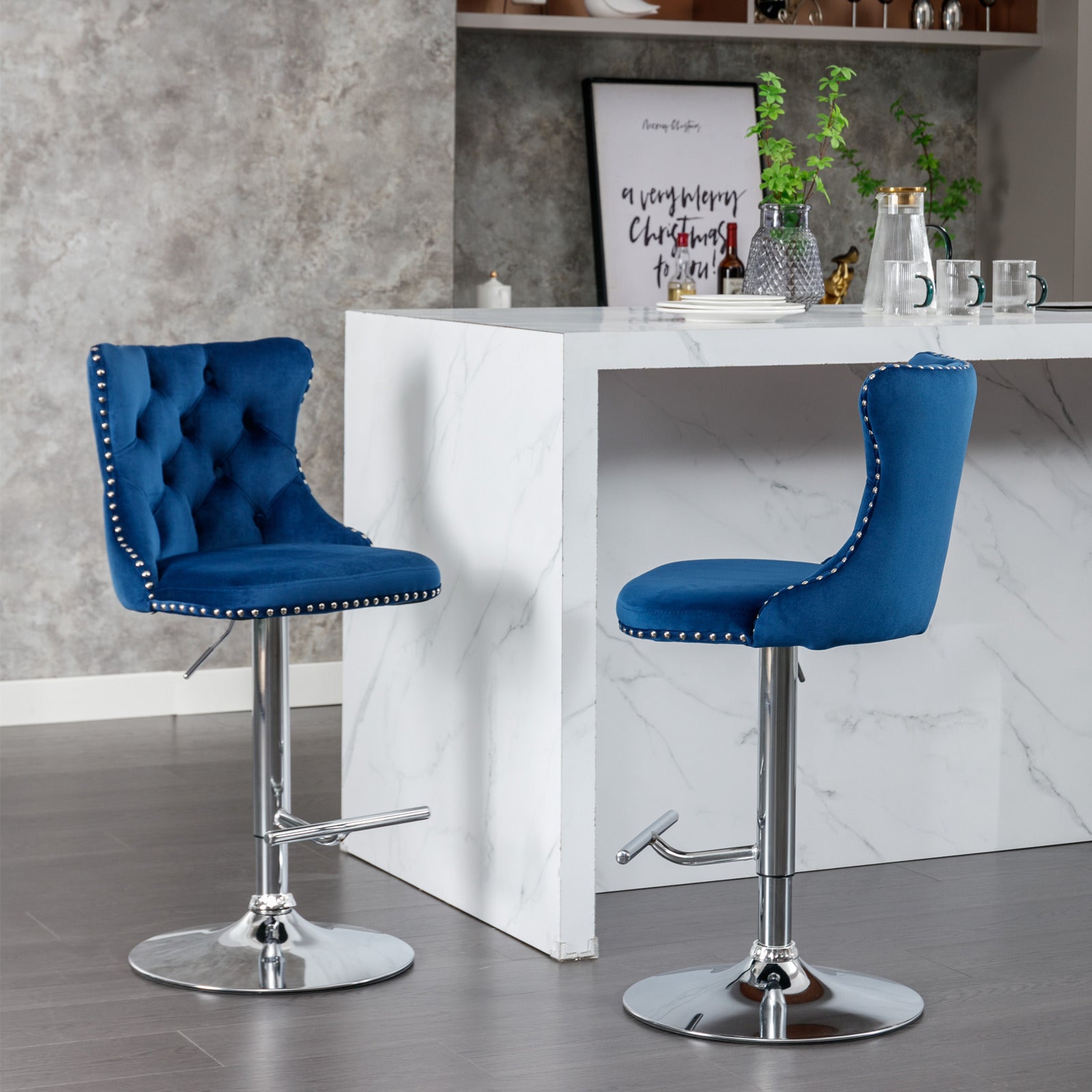 Tabouret de Bar Pivotant, Chaise de Bar Rembourrée, Lot de 2, Hauteur Réglable 63-84cm, Assise Velours avec Dossier et Base Chrome, Bleu - 3