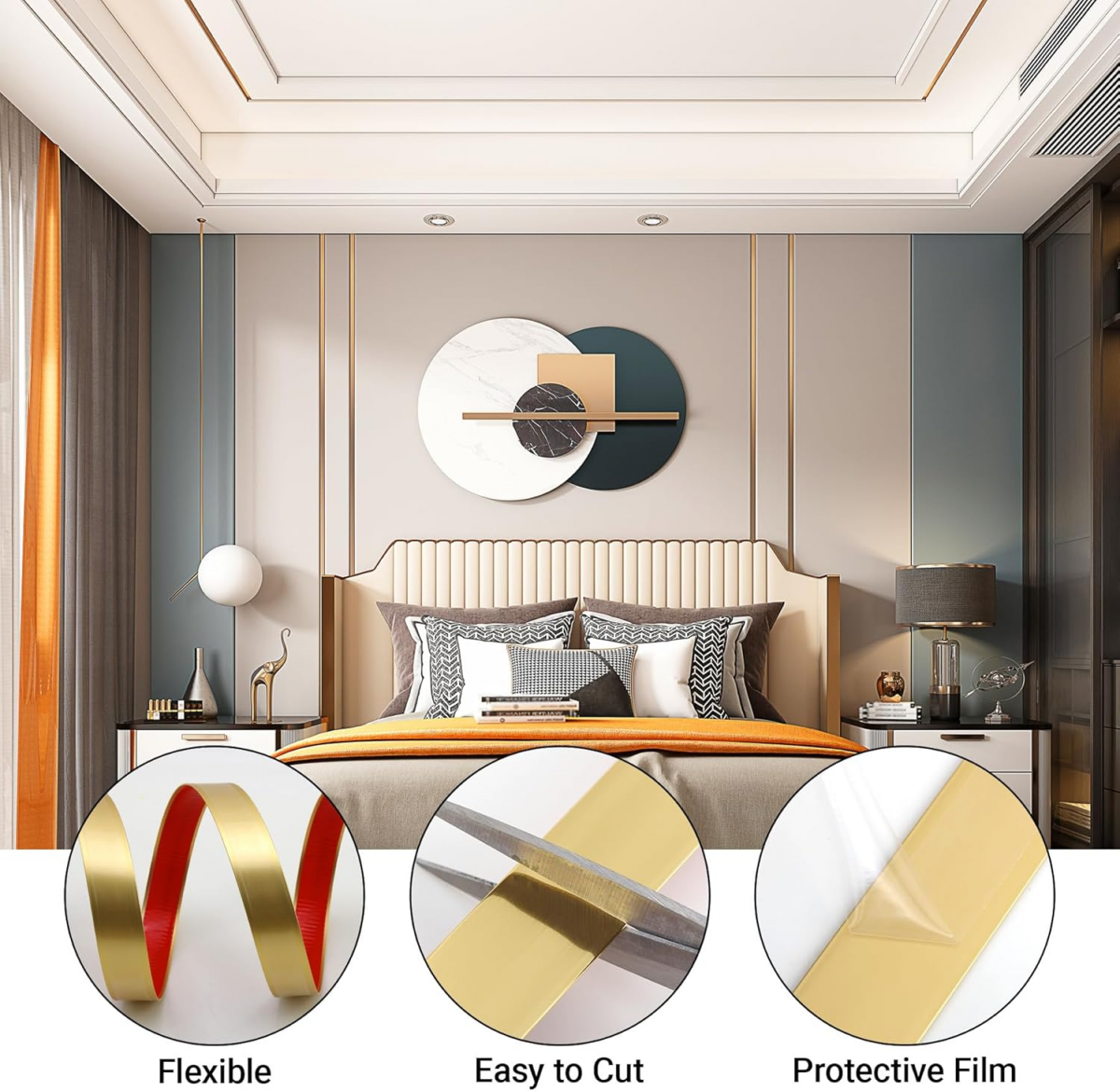 Tiras decorativas autocolantes em PVC, adequadas para paredes, espelhos, pavimentos, armários, 15mm×5m, dourado fosco - 5