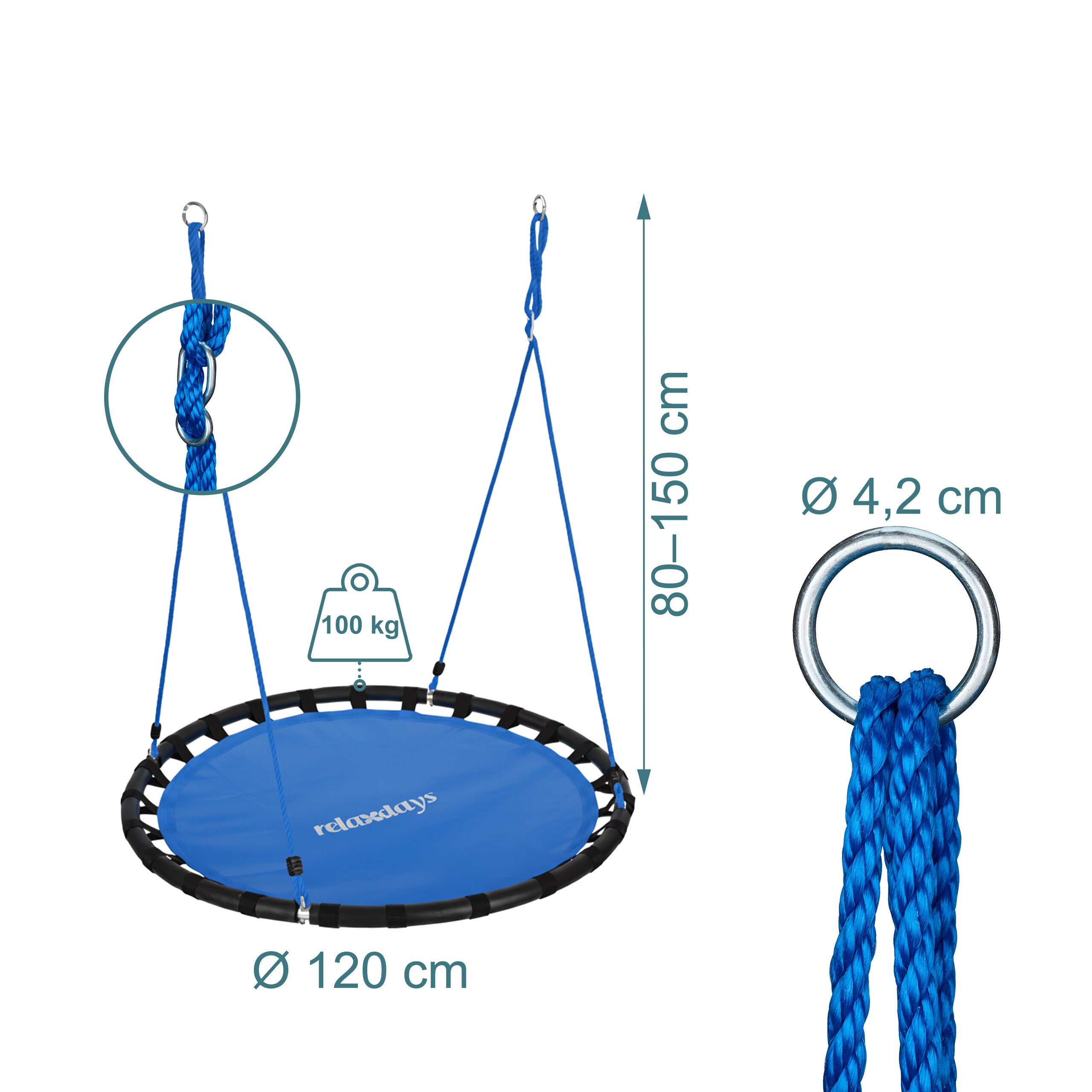 Balançoire nid d'oiseau rond 120 cm à suspendre enfant adulte jardin extérieur 100 kg, Relaxdays - 4