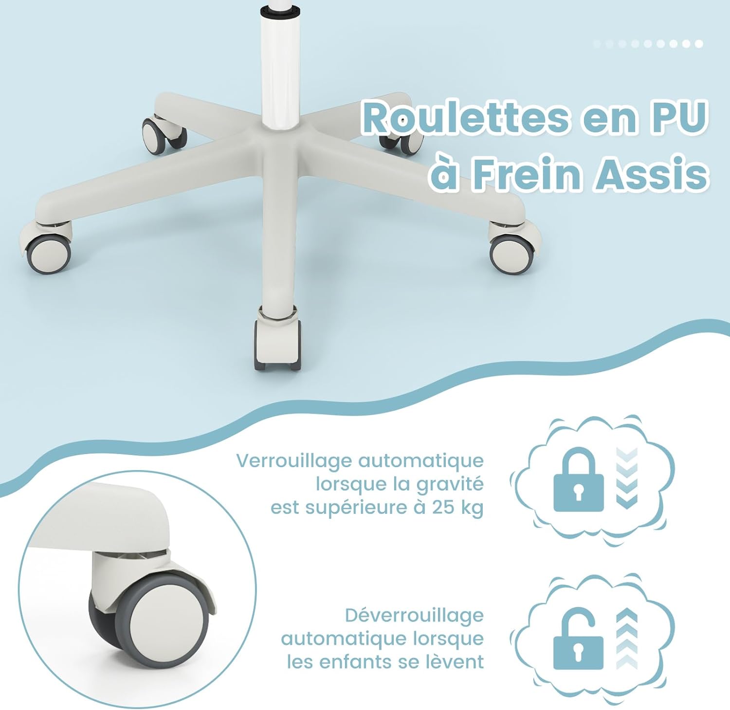 Silla de Escritorio para Niños, Silla Infantil Giratoria para Computadora con Altura Ajustable, Ruedas con Freno, Reposabrazos Lisos, Silla Er - 5