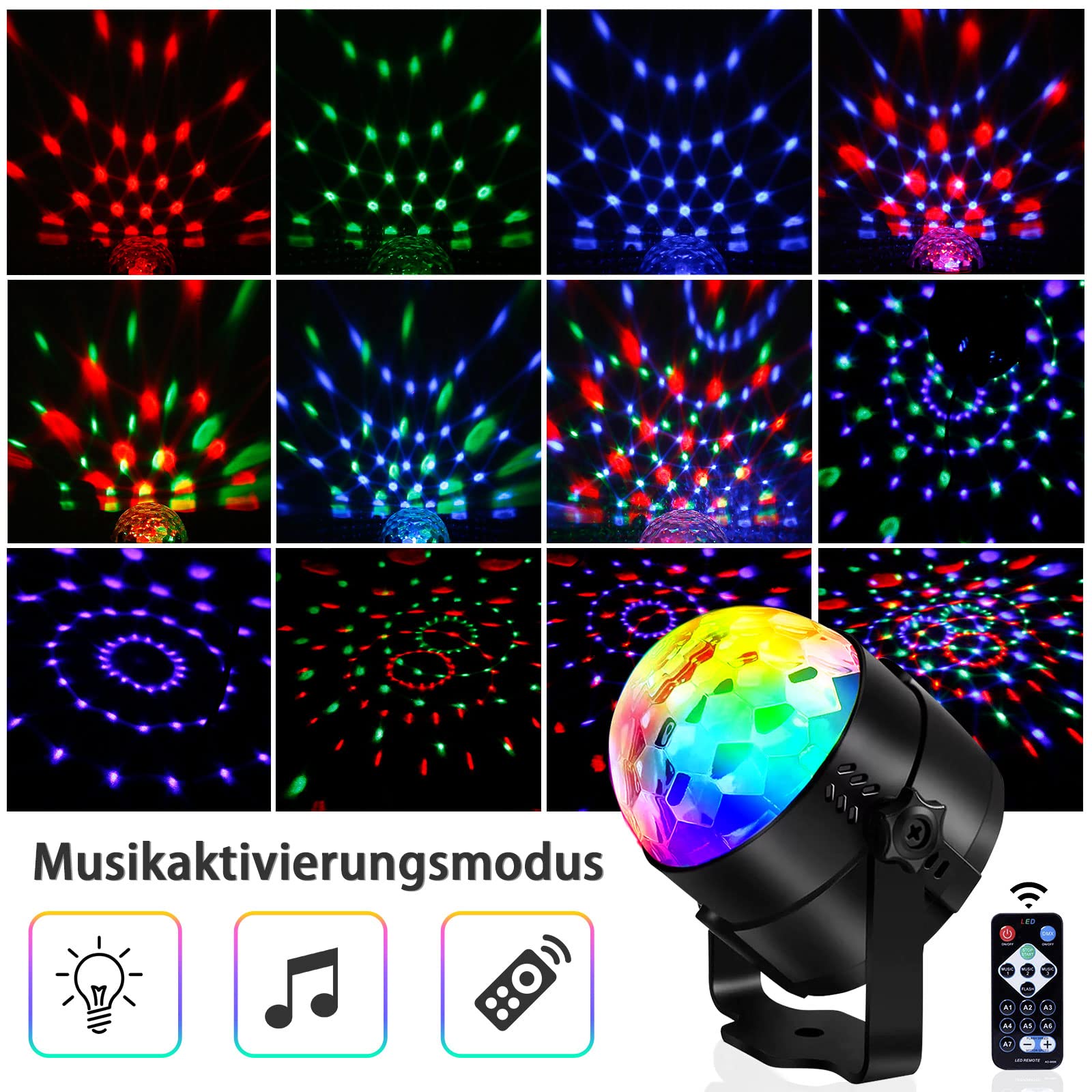 Boule Disco, LED Party Lights Contrôle de la musique DJ Rotatives Lampes de scène 3W RGB avec télécommande pour la maison, les fêtes d'anniversaire - 7