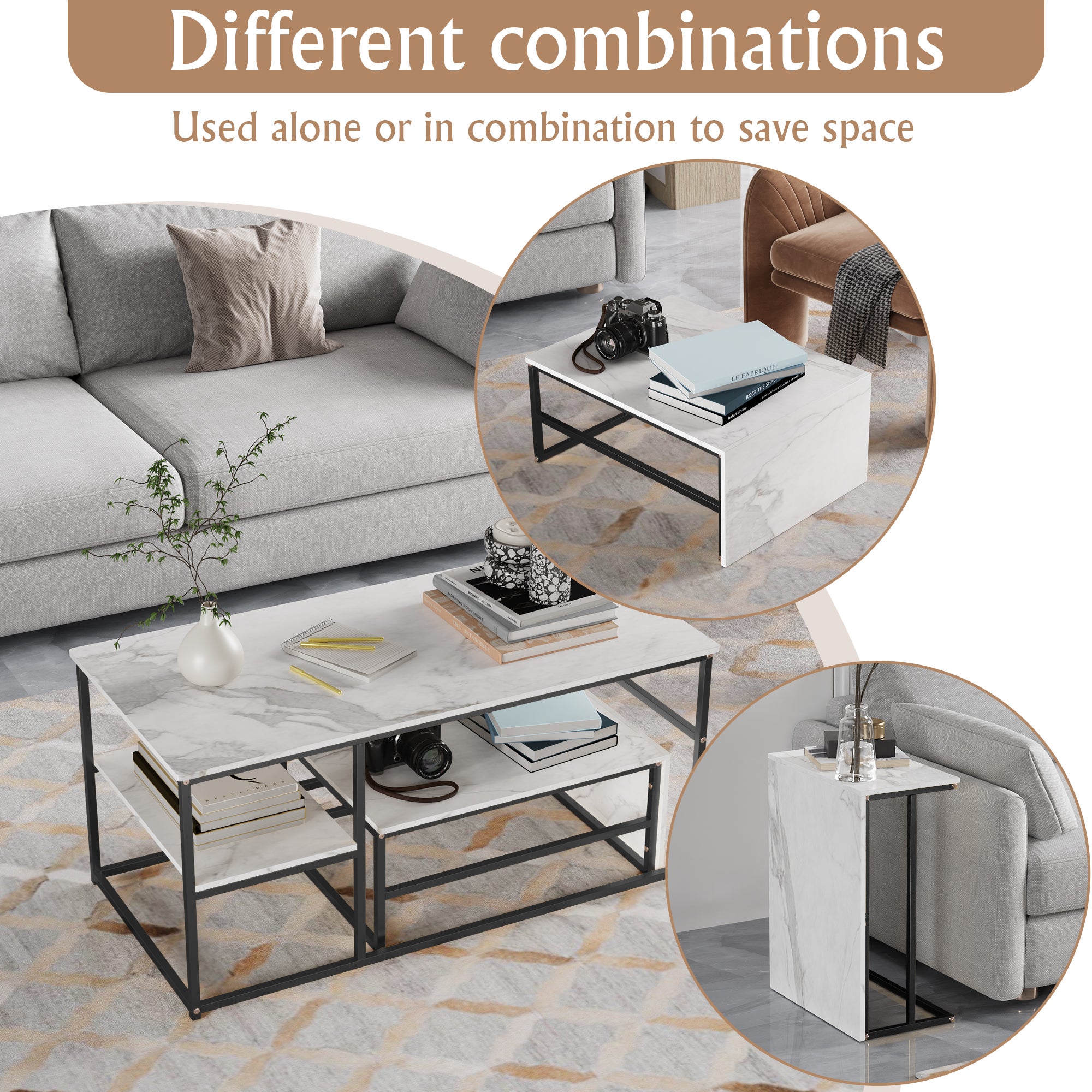 Lot de 2 Tables Basses Gigognes Rectangulaire, Table d'appoint avrc Rangement Table de Canapé avec Aspect Marbre pour Salon, Chambre, Bureau - 3