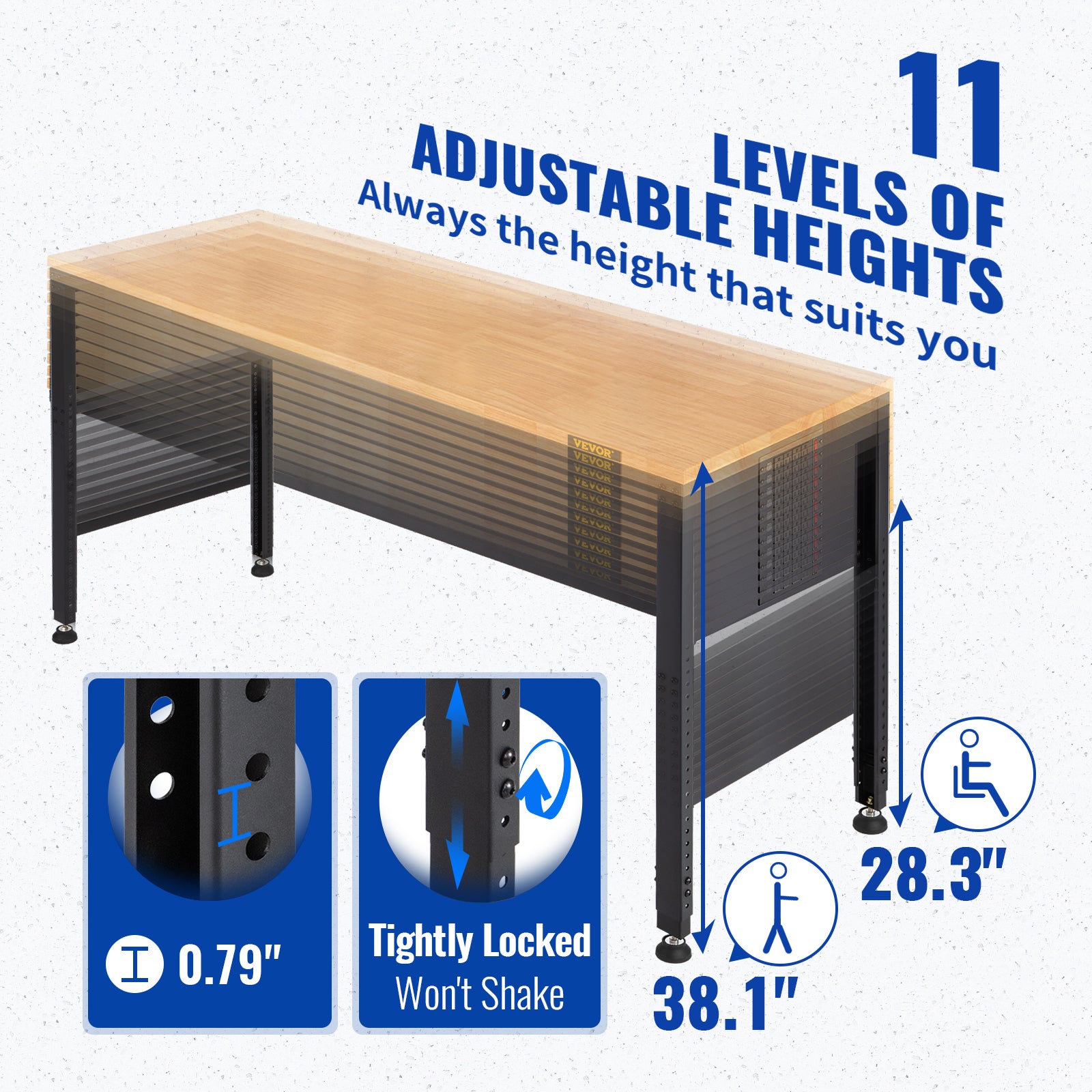 Plan de travail réglable,hauteur VEVOR 720-970 mm,capacité 900 kg,avec prise courant,plateau en bois dur,structure et rails pour pieds en métal - 3