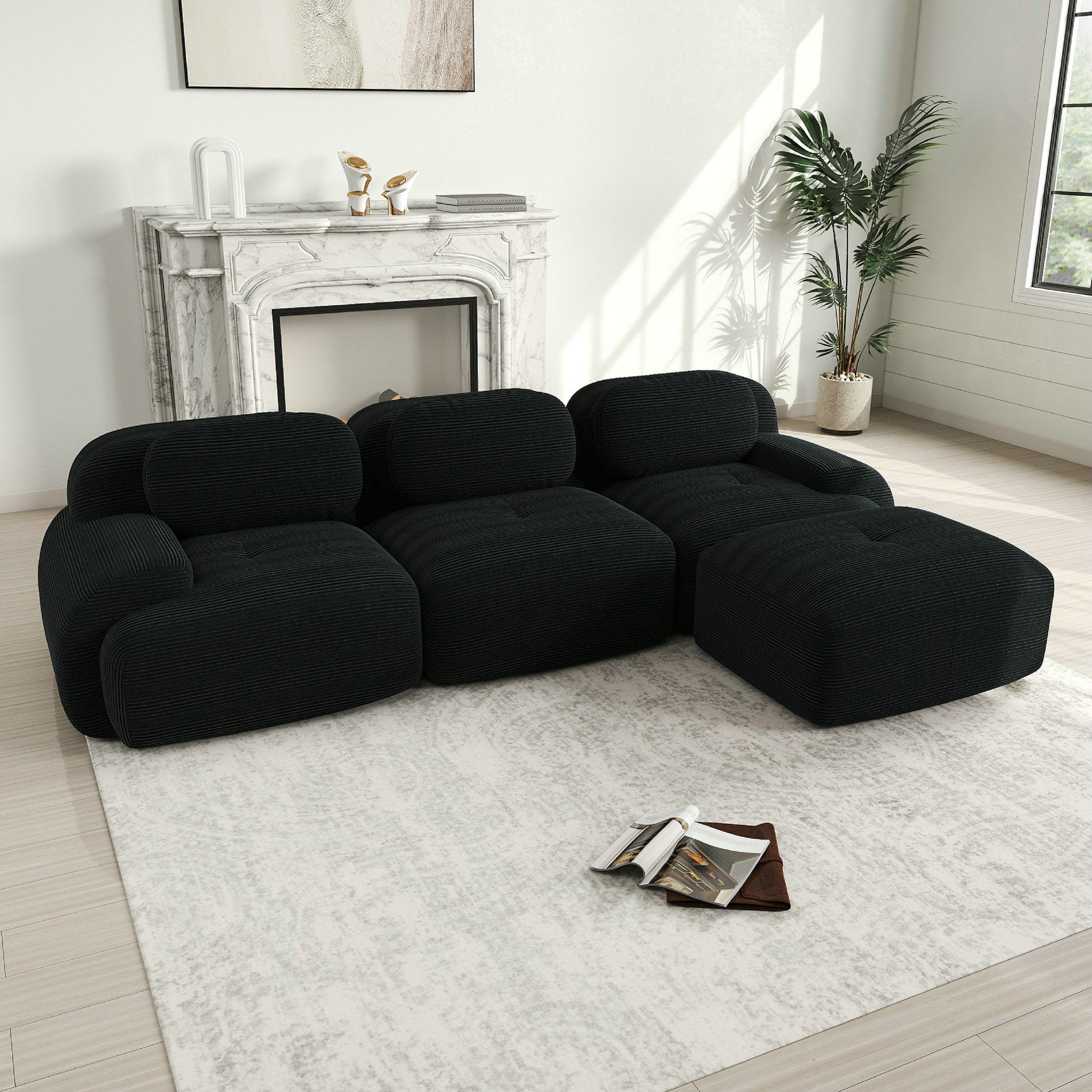 Canapé d\'angle modulable 3 places, antidérapant et adapté aux animaux, pieds élargis–tissu velours côtelé respirant-noir - 3