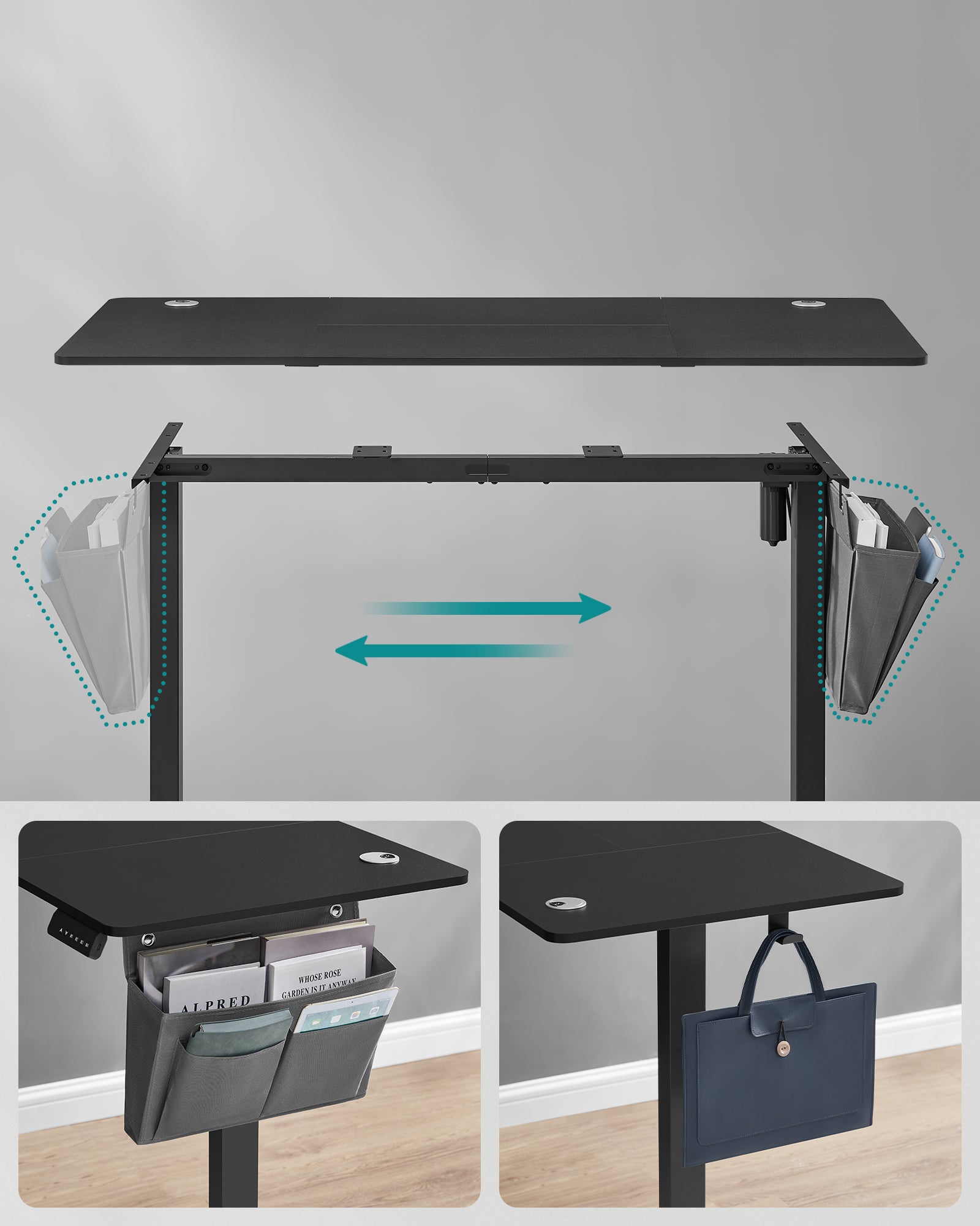 Bureau Électrique Assis-Debout, Bureau Réglable en Hauteur, 60 x 140 x (72-120) cm, 4 Hauteurs Mémorisables, Pochette de Rangement, Noir - 3
