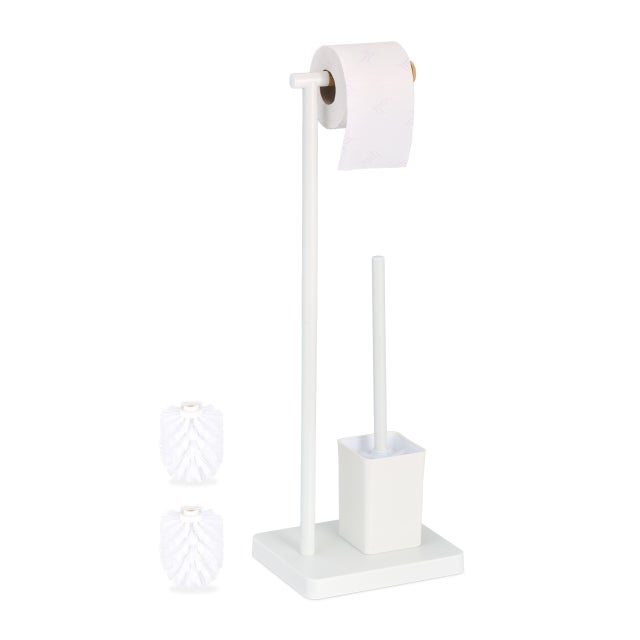 Relaxdays Serviteur WC, HxLxP : 66,5x23x18 cm, support papier toilettes, brosse et porte-brosse, acier inoxydable, blanc